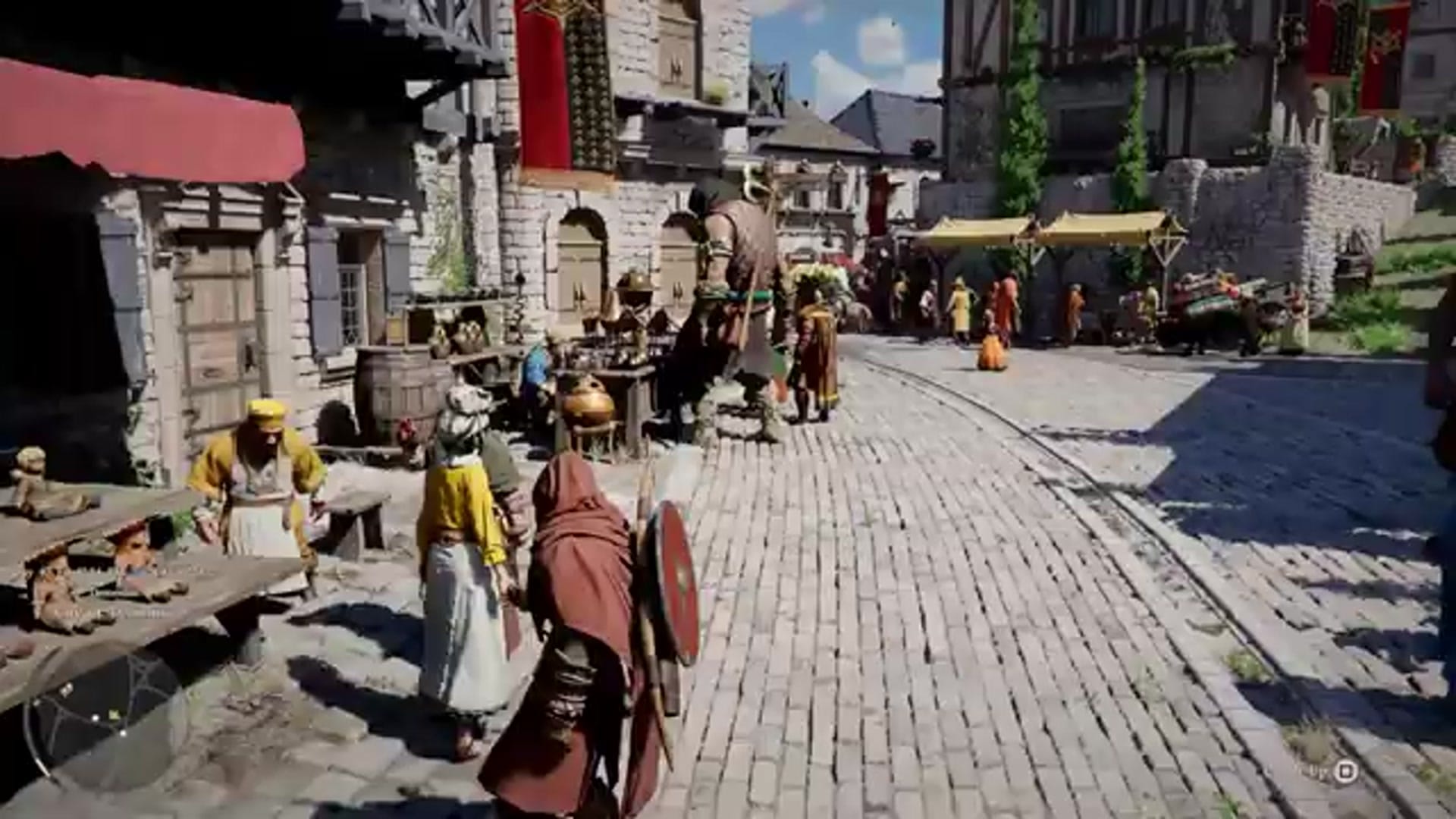 gameplay footage of a character walking through a bustling medieval town square. The UI in the bottom left shows a mini-map