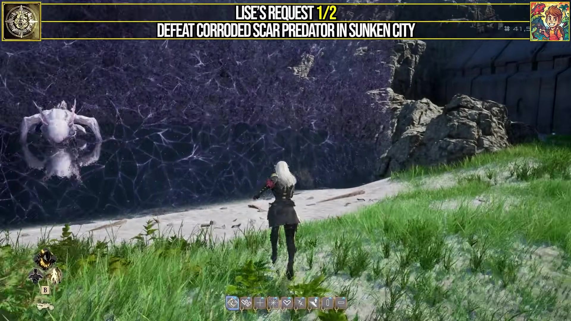 a character in a grassy area with a quest objective labeled "Lise's Request 1/2" and the task "DEFEAT CORRODED SCAR PREDATOR IN SUNKEN