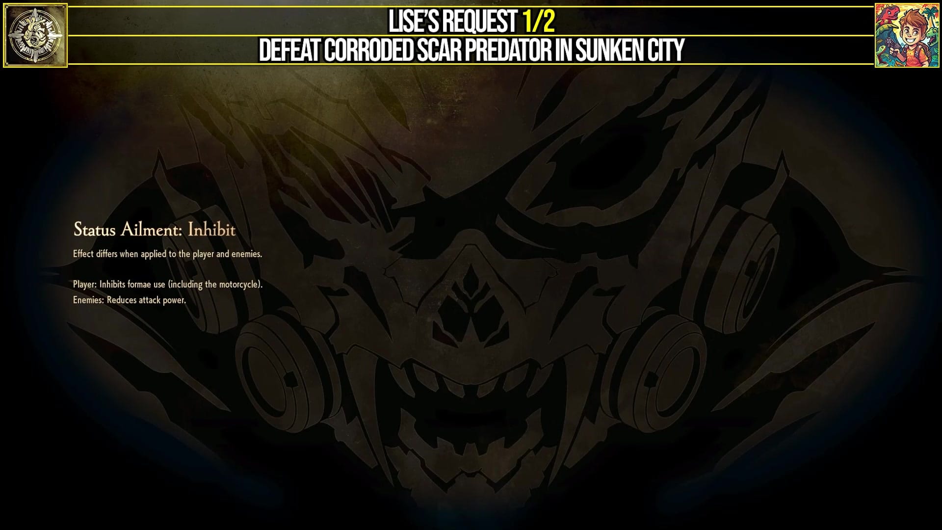 quest titled "Lise's Request 1/2" with the objective "DEFEAT CORRODED SCAR PREDATOR IN SUNKEN CITY." It also includes information about