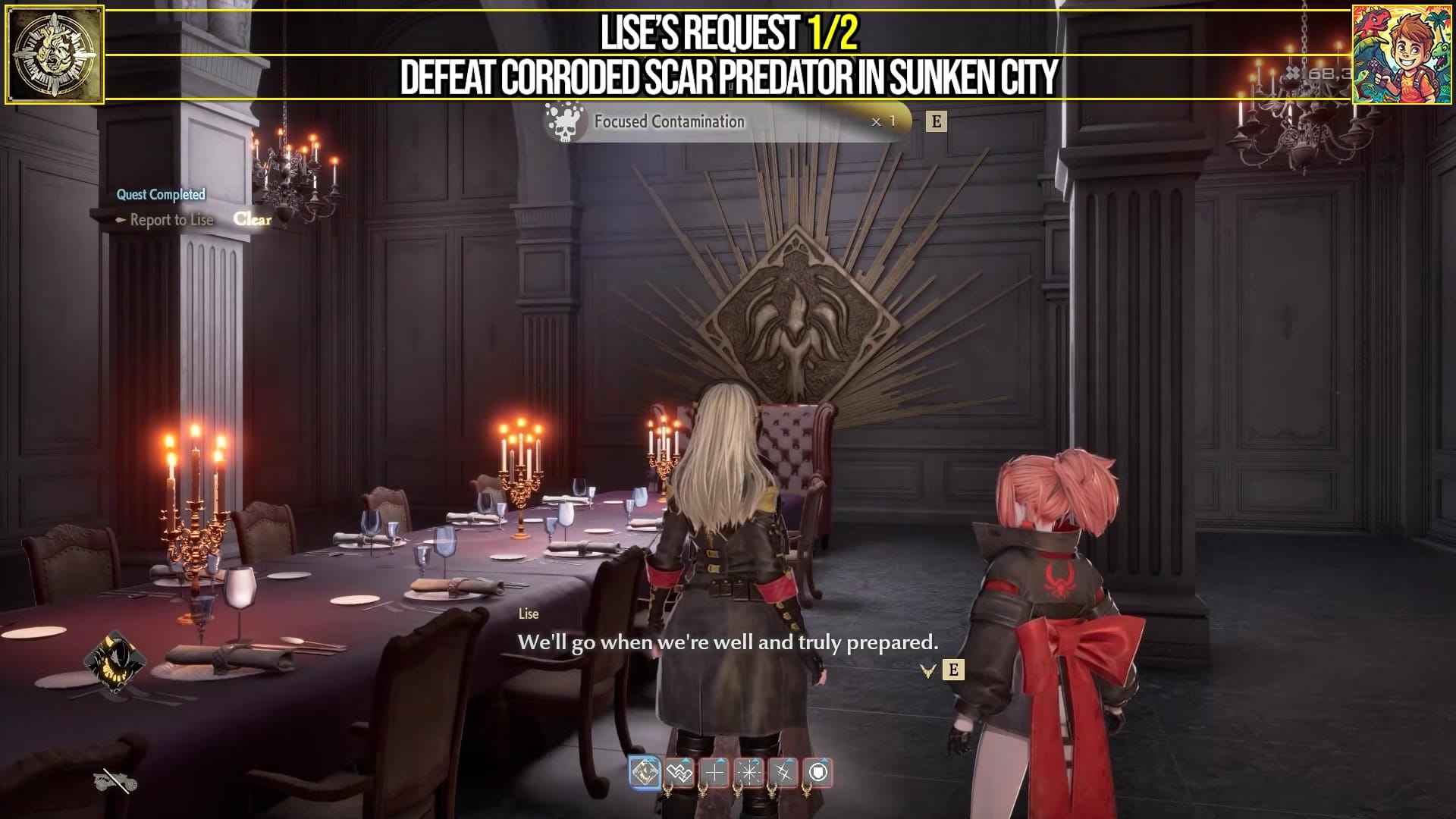 quest interface titled "Lise's Request 1/2" with the objective "DEFEAT CORRODED SCAR PREDATOR IN SUNKEN CITY." The text "We'll go when