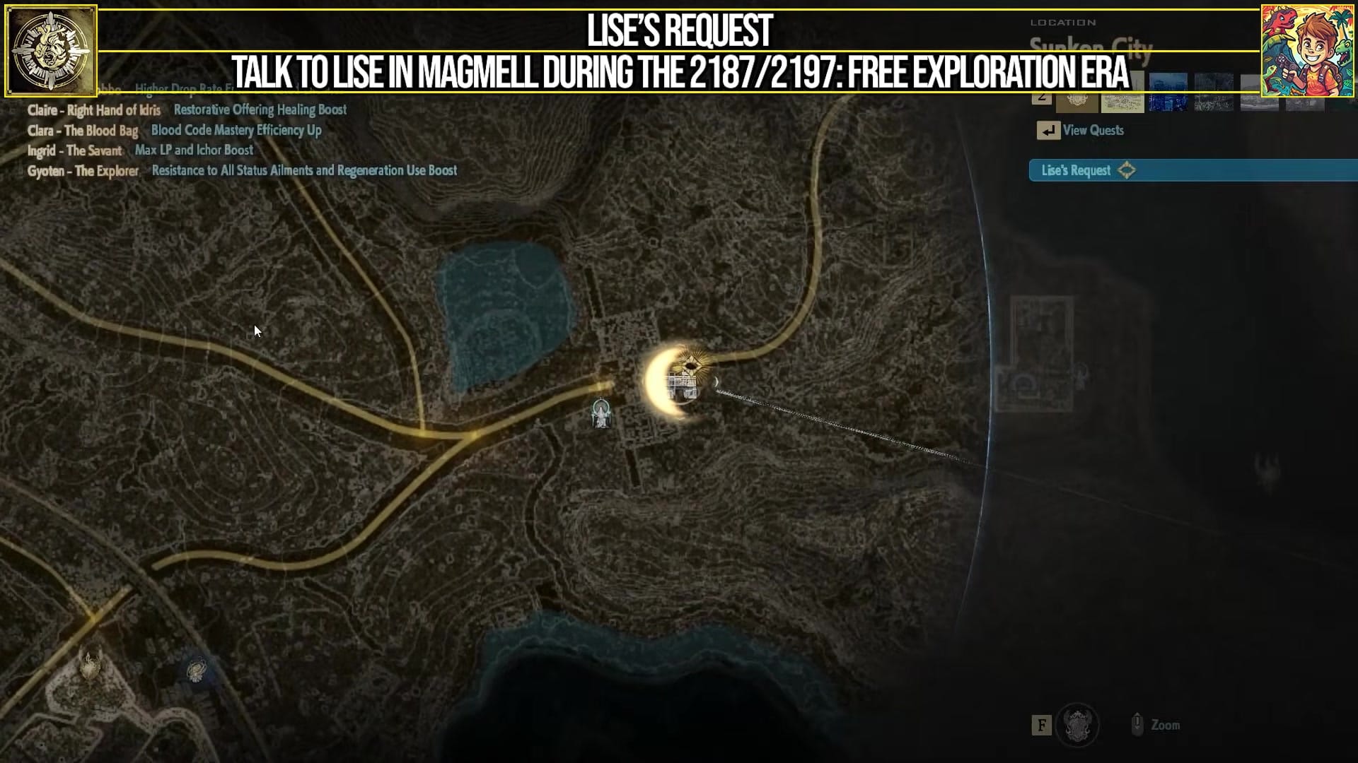 map with the objective "Talk to Lise in Magmell during the 2187/2197: Free Exploration Era" highlighted at the top, along with a list