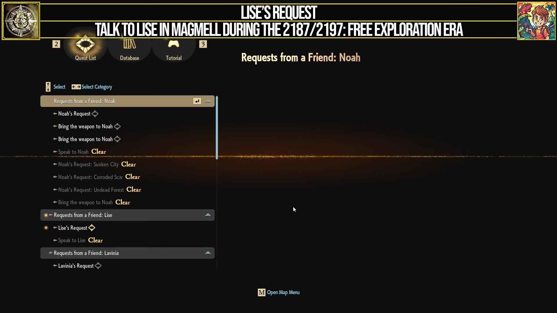 quest menu titled "Lise's Request," with objectives including "Talk to Lise in Magmell during the 2187/2197: Free Exploration Era"