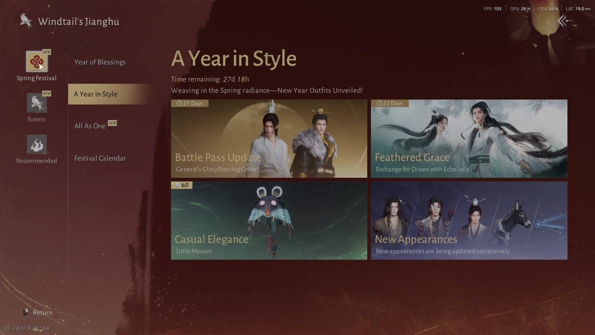 The speaker navigates to Spring Festival -> A Year in Style -> Feathered Grace. This opens the Echoes Unbound draw screen. The speaker