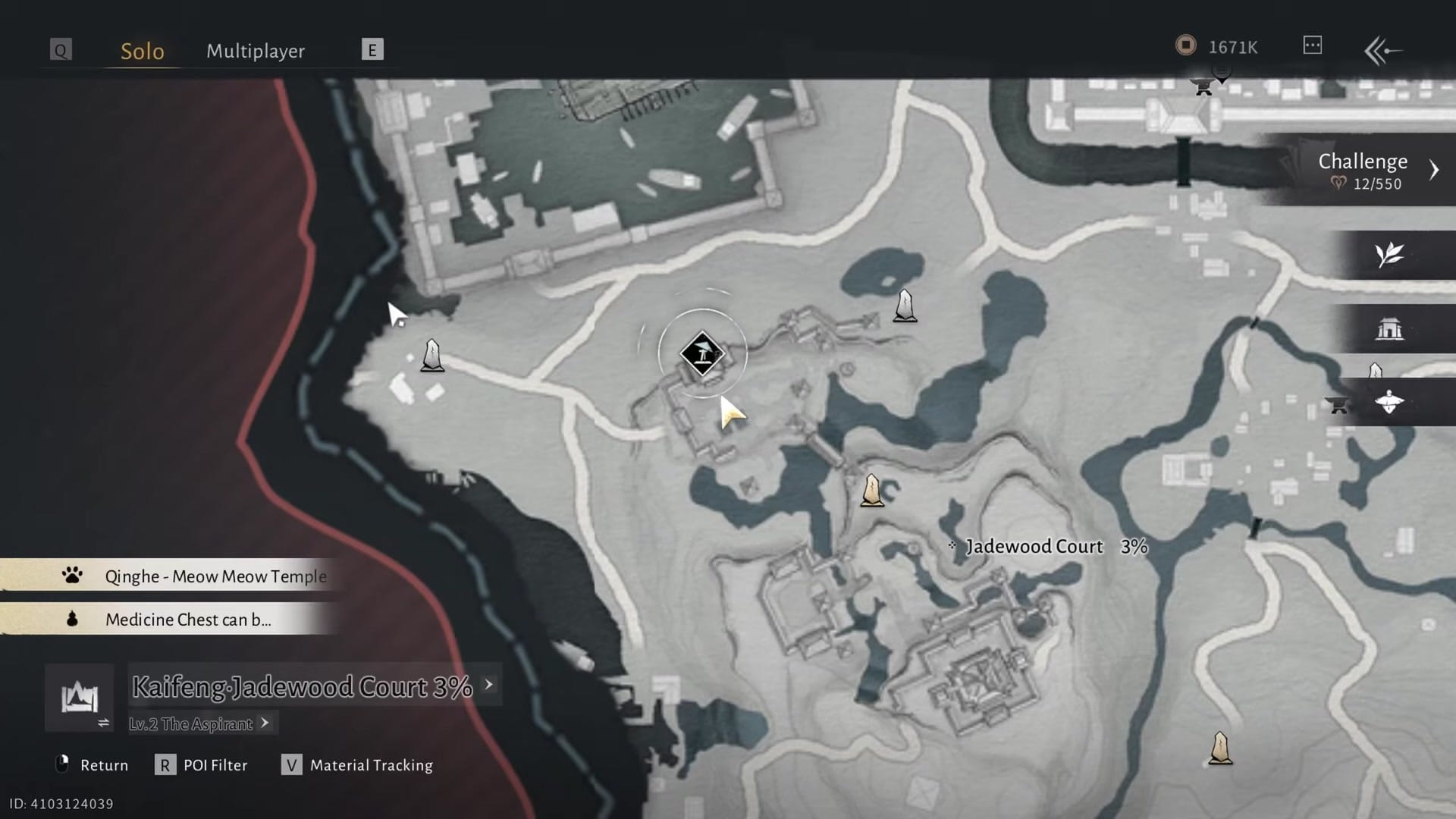 the Map screen. The cursor hovers over an icon labeled Jinming Pool: Petalfall Banquet in the Lost Chapter menu.