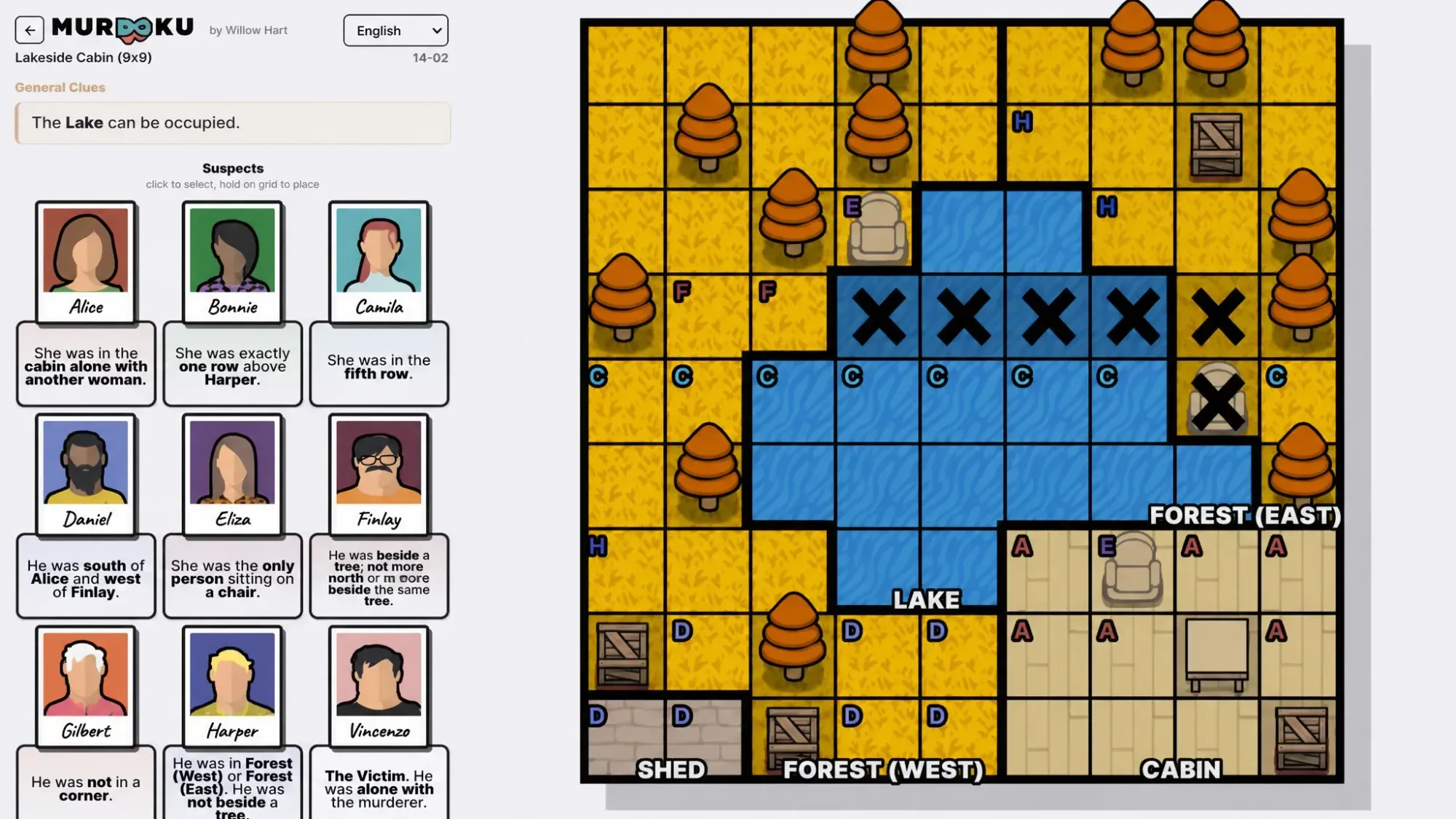 murdoku lakeside cabin puzzle in progress