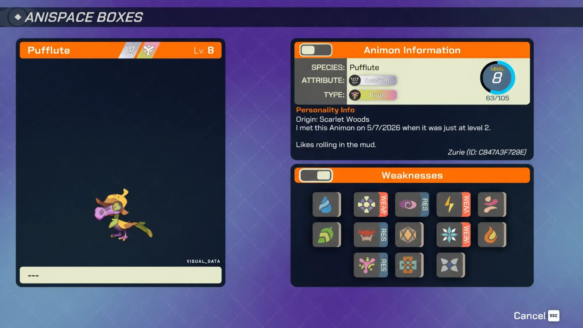 A screenshot from LumenTale showing the weaknesses of Smellwing, a Virus bird Animon.