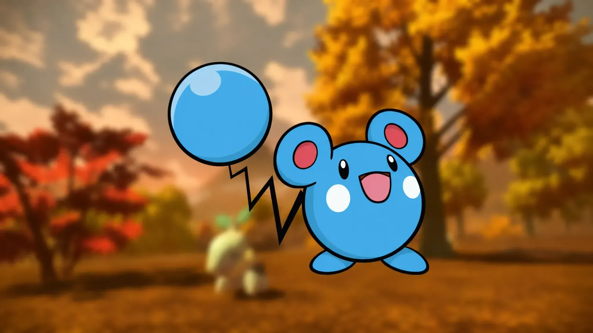 Cutest Pokemon - An Azurill against a blurred background with Autumn leaves