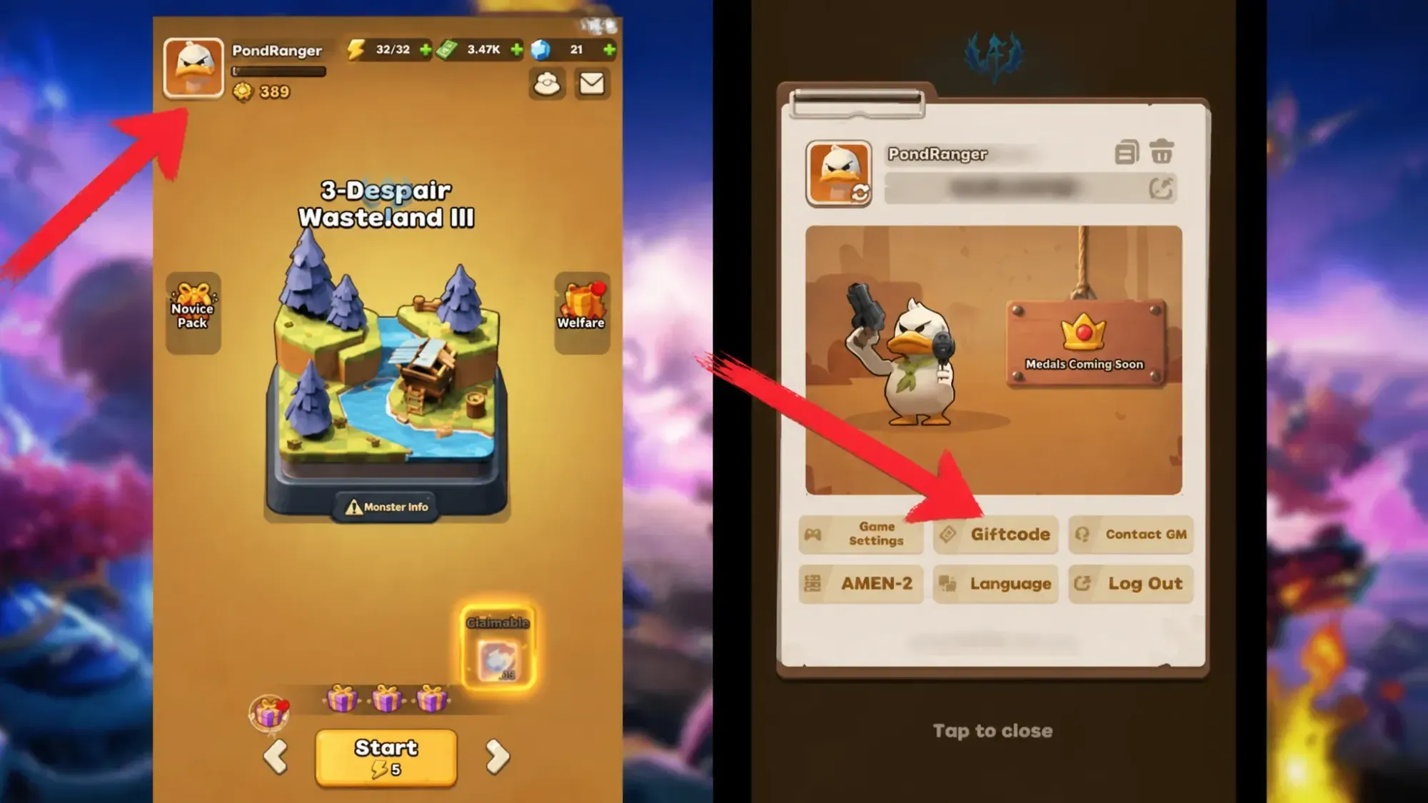 Duck Survival codes redemption screen showing the arrow pointing to the Profile icon at the top, and the code redemption system