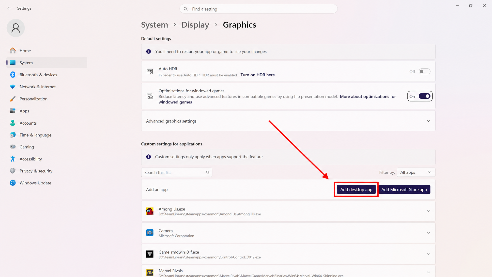 Adding the Desktop App in Graphics Settings Menu