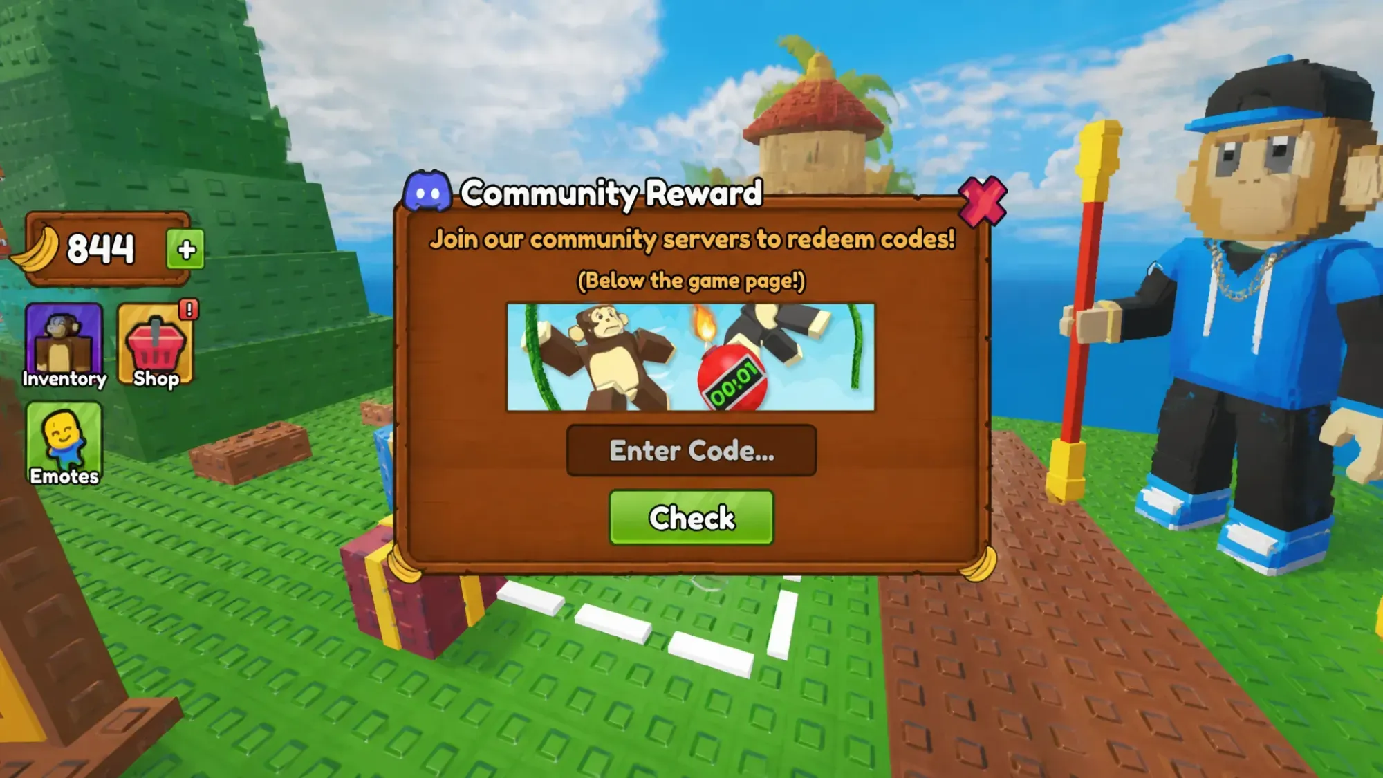 Code redemption dialog box Monkey bomb tag