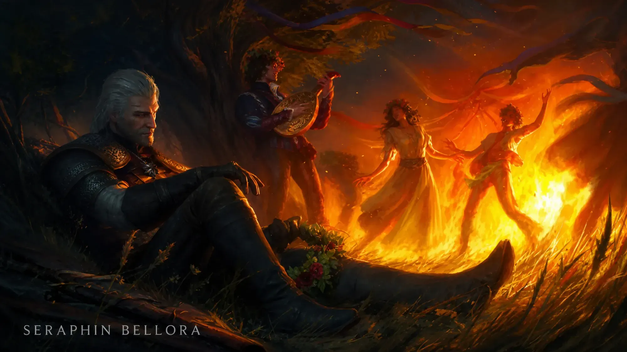 Geralt sitting under a tree while Dandelion plays his lute to women around a bonfire in The Witcher