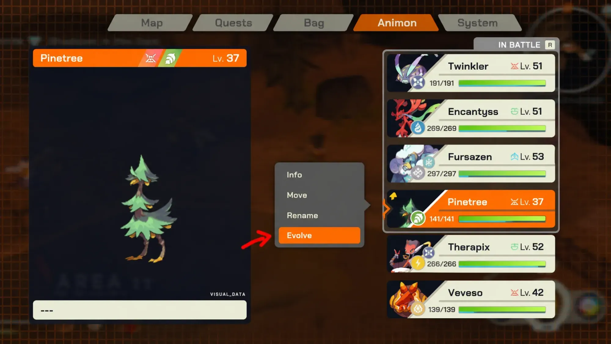 A menu from LumenTale showing a level 37 Firtrich and the option to evolve it