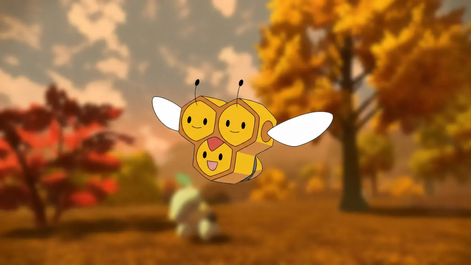 Cutest Pokémon - Combee. Its official artwork is over blurred scenery from Pokémon Legends: Arceus