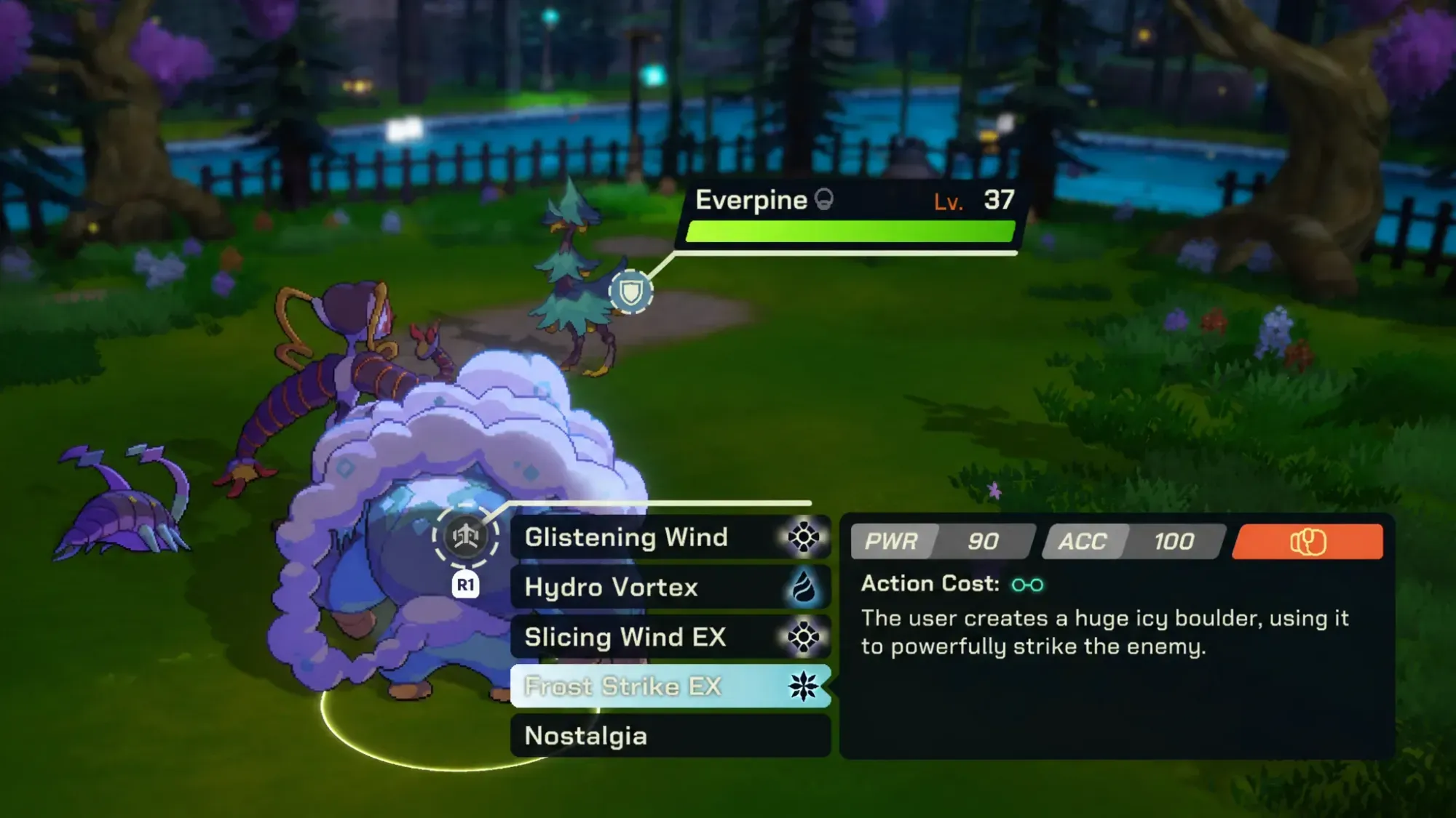 A screenshot from LumenTale that shows an ostrich creature that resembles a Christmas Tree with a shield icon next to its name