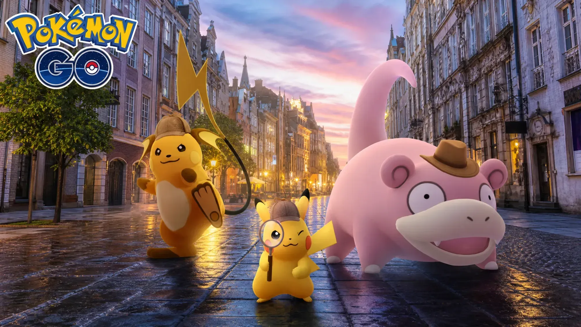 Artwork of the Pokemon raichu, Pikachu, and Slowpoke wearing hats