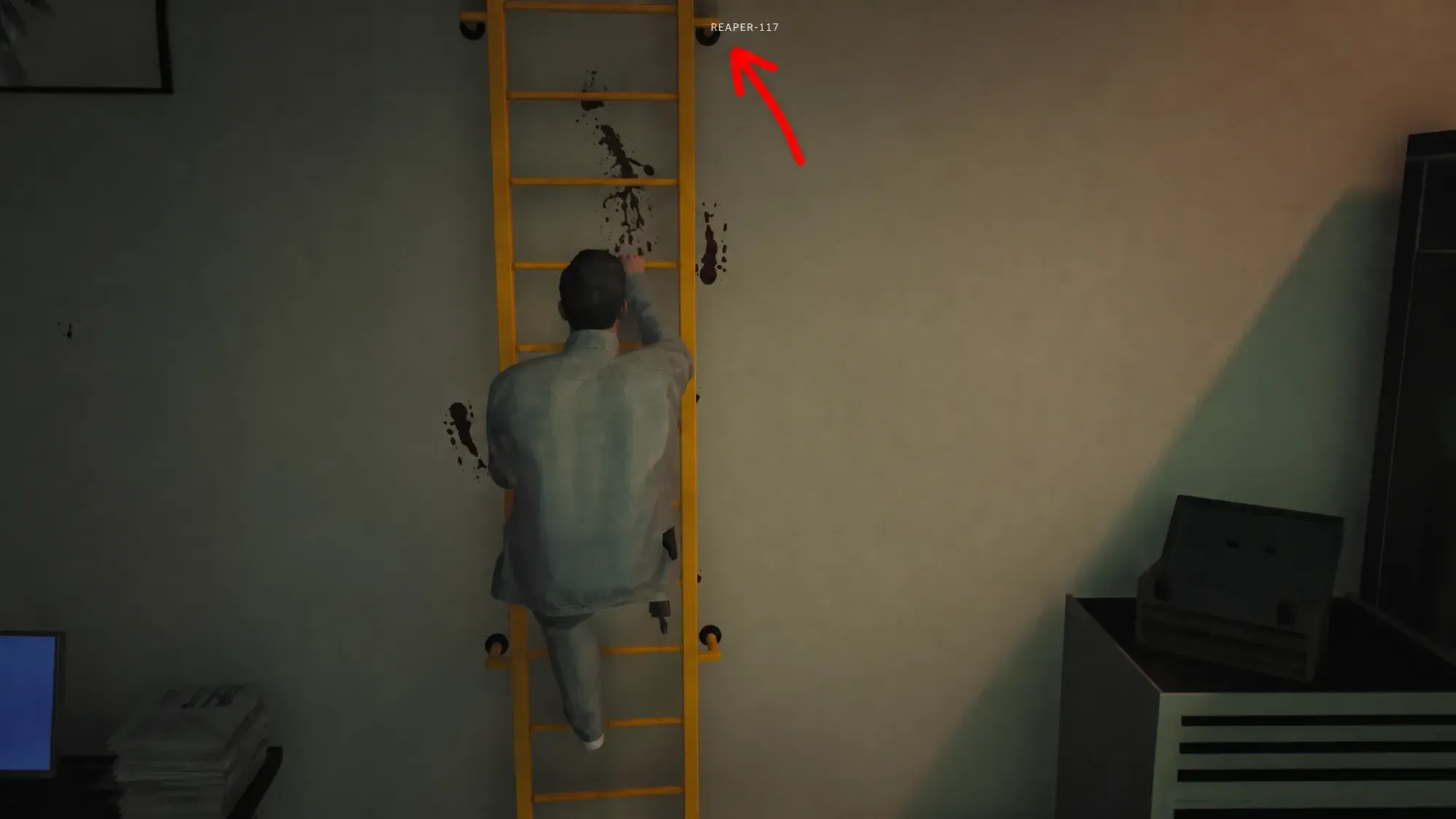 Climbing the yellow ladder toward the ceiling canopy