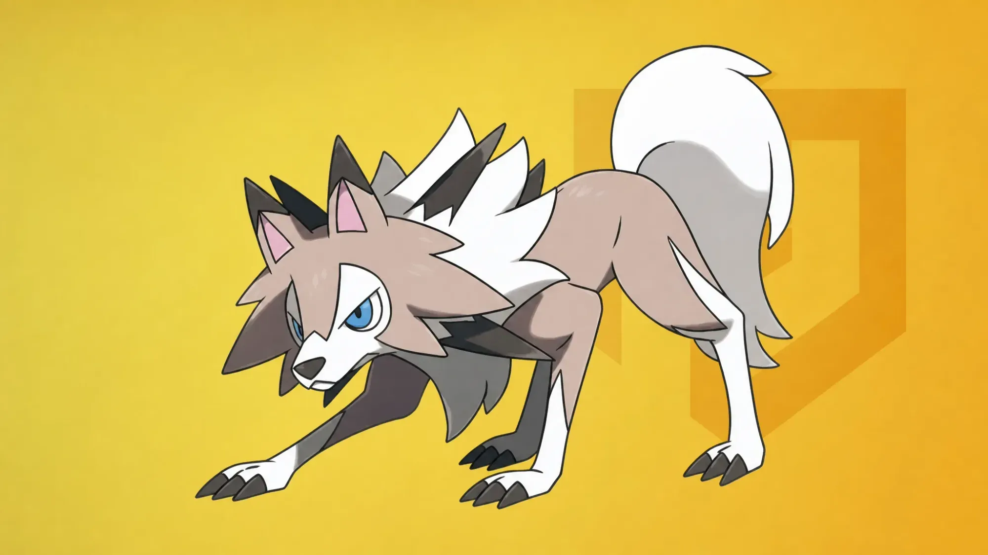 Custom image of the official art for Lycanroc on a yellow background for best dog Pokemon guide