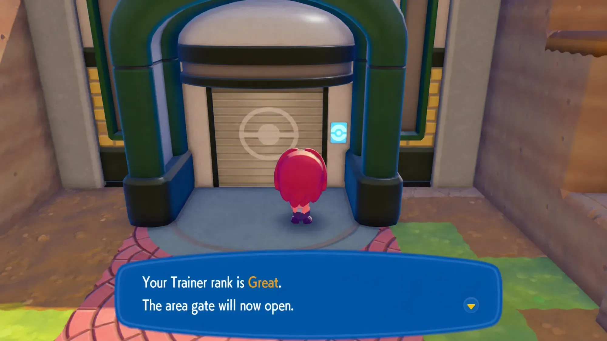 A character checking their pokemon pokopia trainer rank at a gate