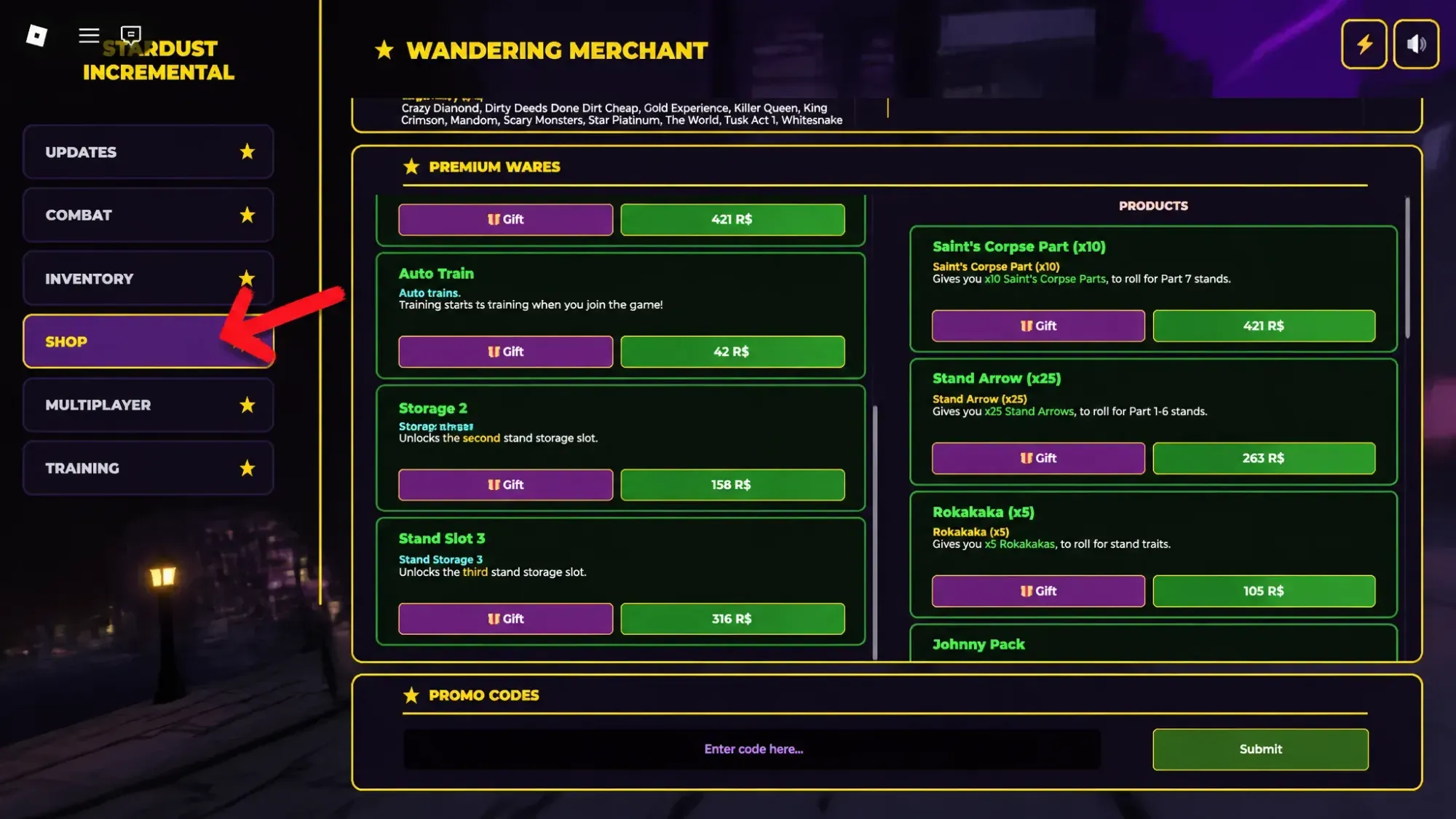 How to redeem codes in Jojo's Bizarre Incremental