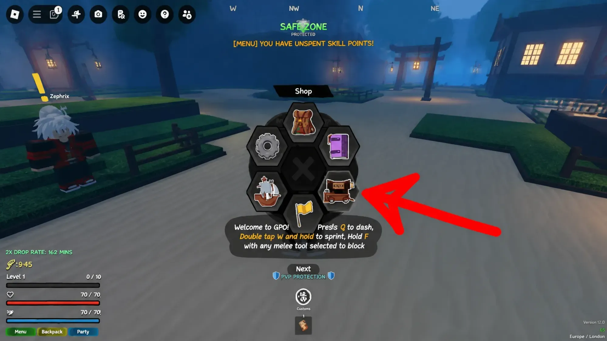Screenshot of the Grand Piece Online menu