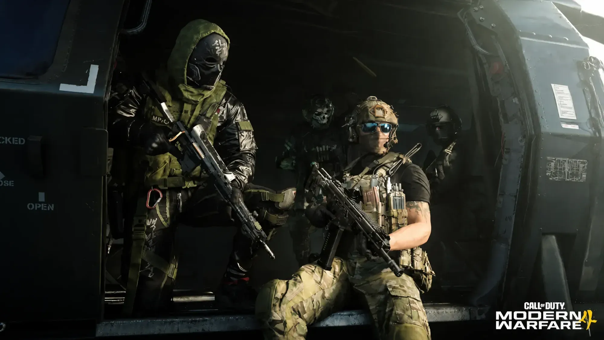 Modern Warfare 4 characters sitting in a helicopter