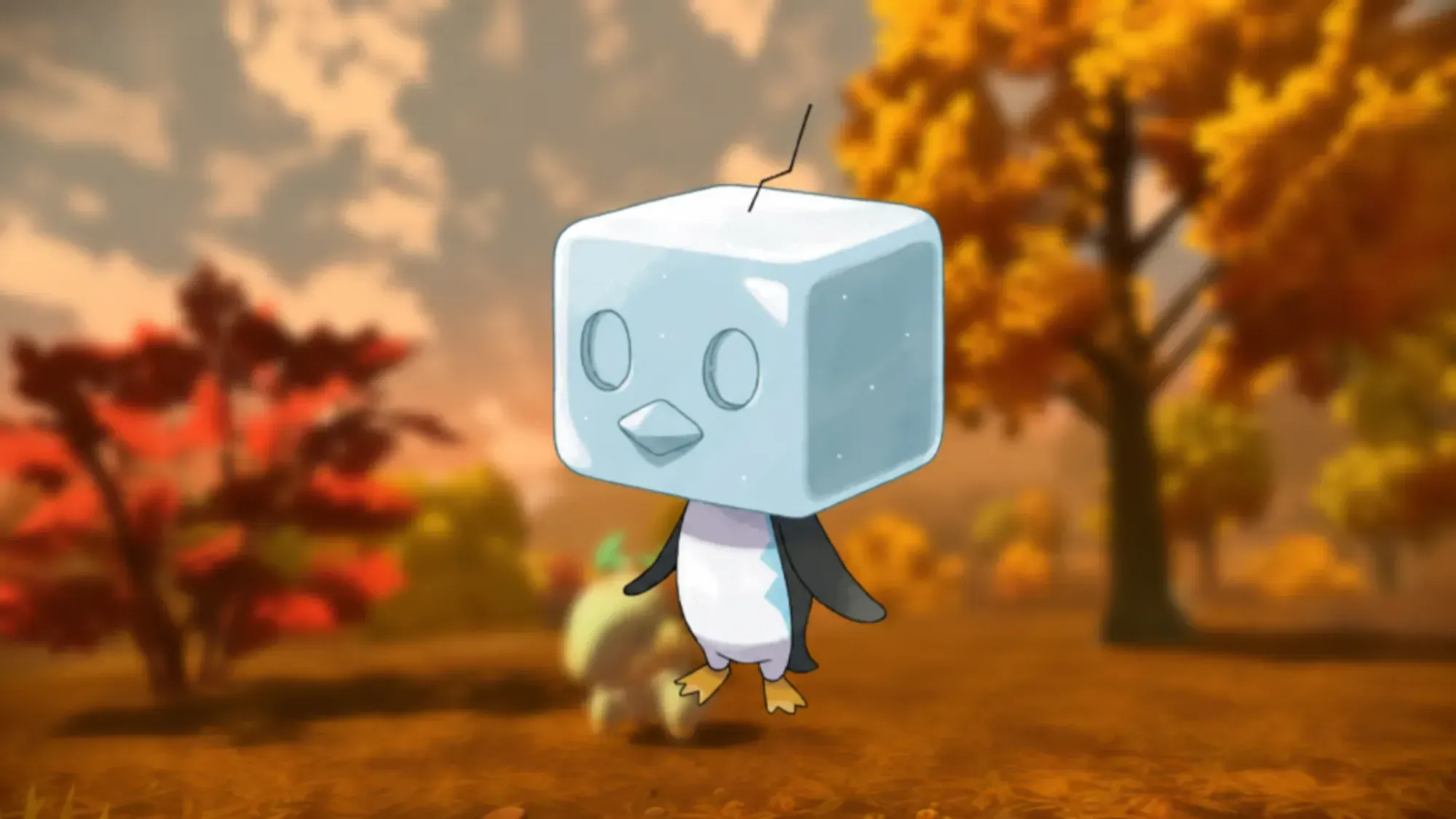 Cutest Pokémon - Eiscue. Its official artwork is over blurred scenery from Pokémon Legends: Arceus