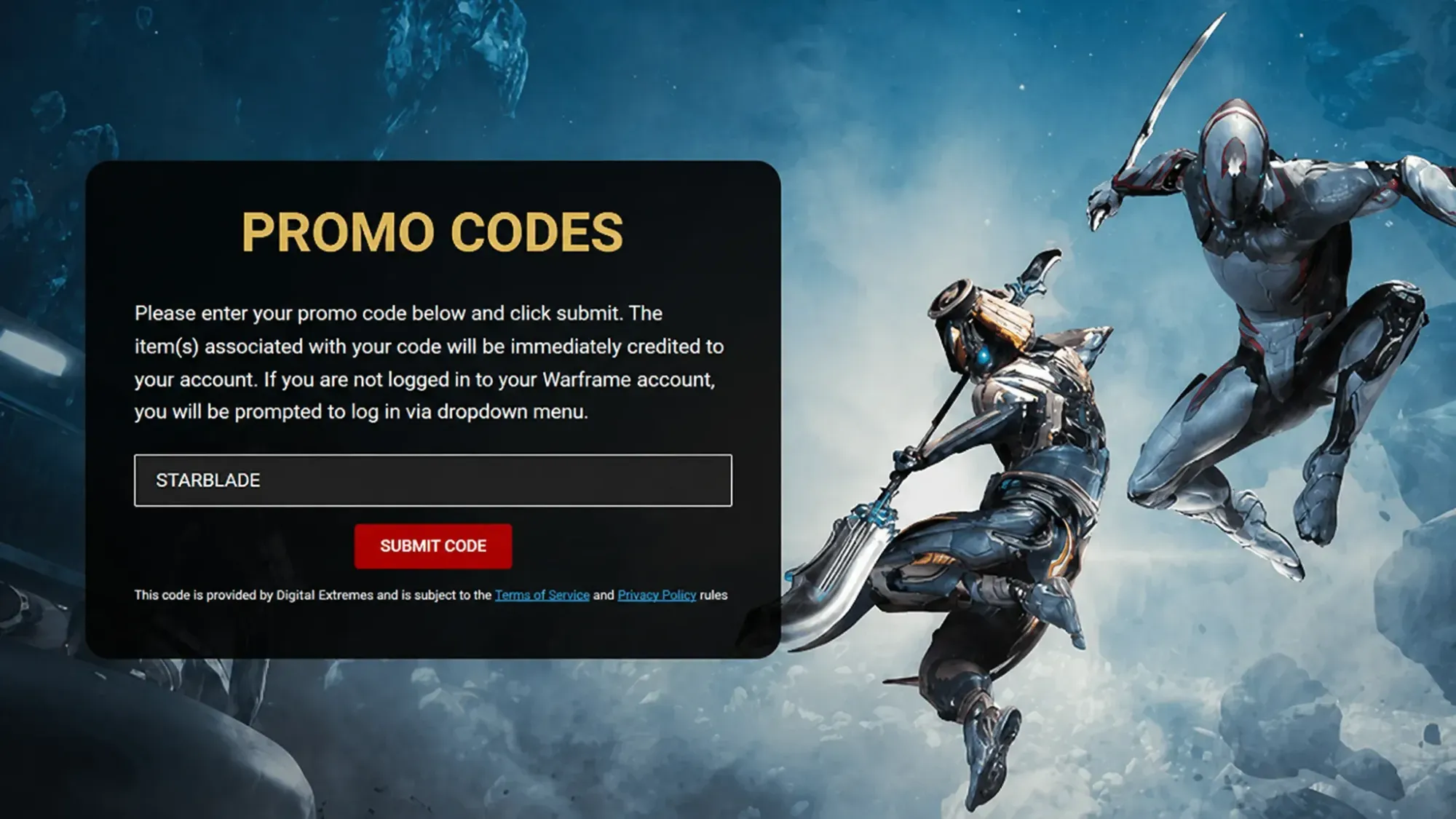 Warframe promo code redemption screen with 'Pocket Tactics' written inside the box