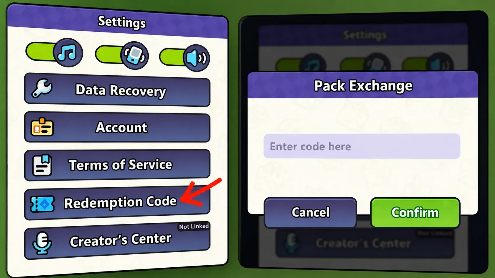 Clash of Critters code redemption screen and how to get there from the settings