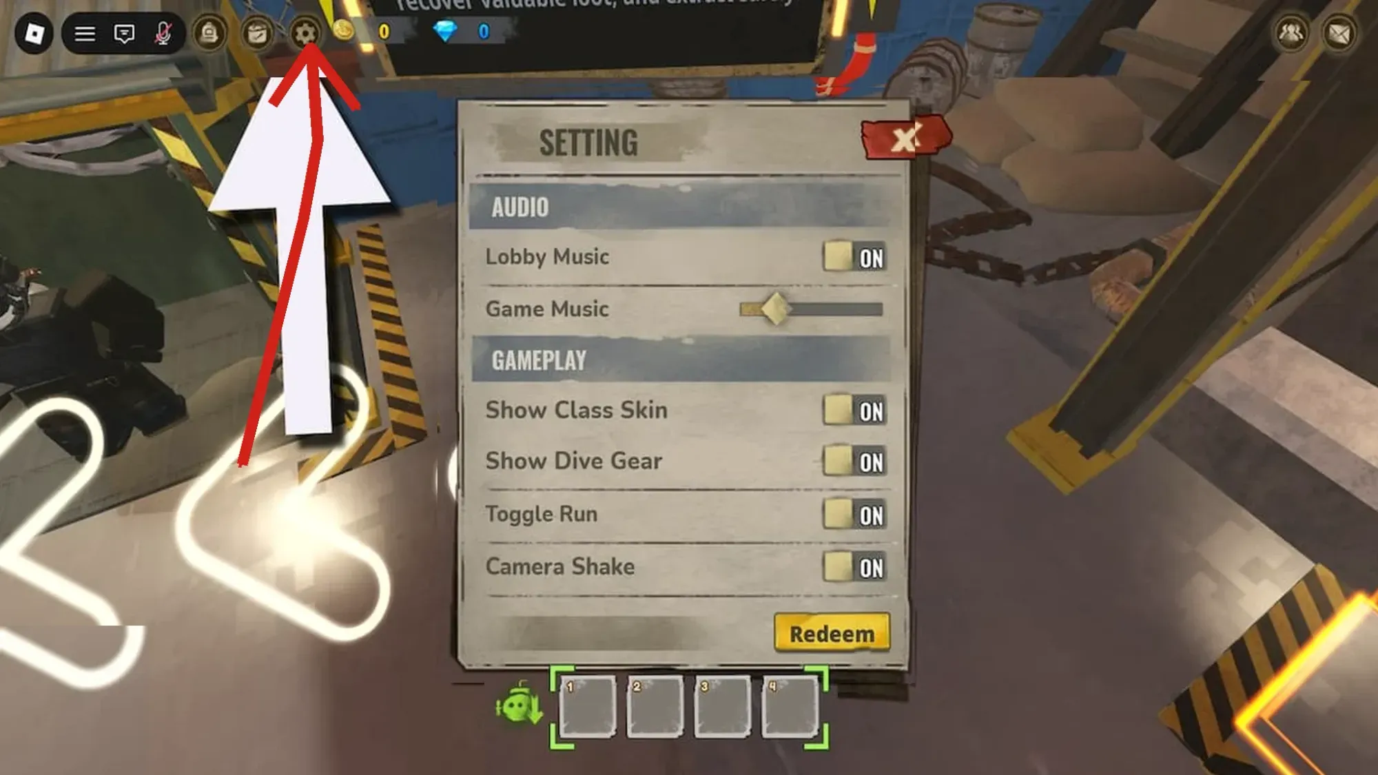 Roblox Loot the Deep code system and an arrow pointing to the settings button