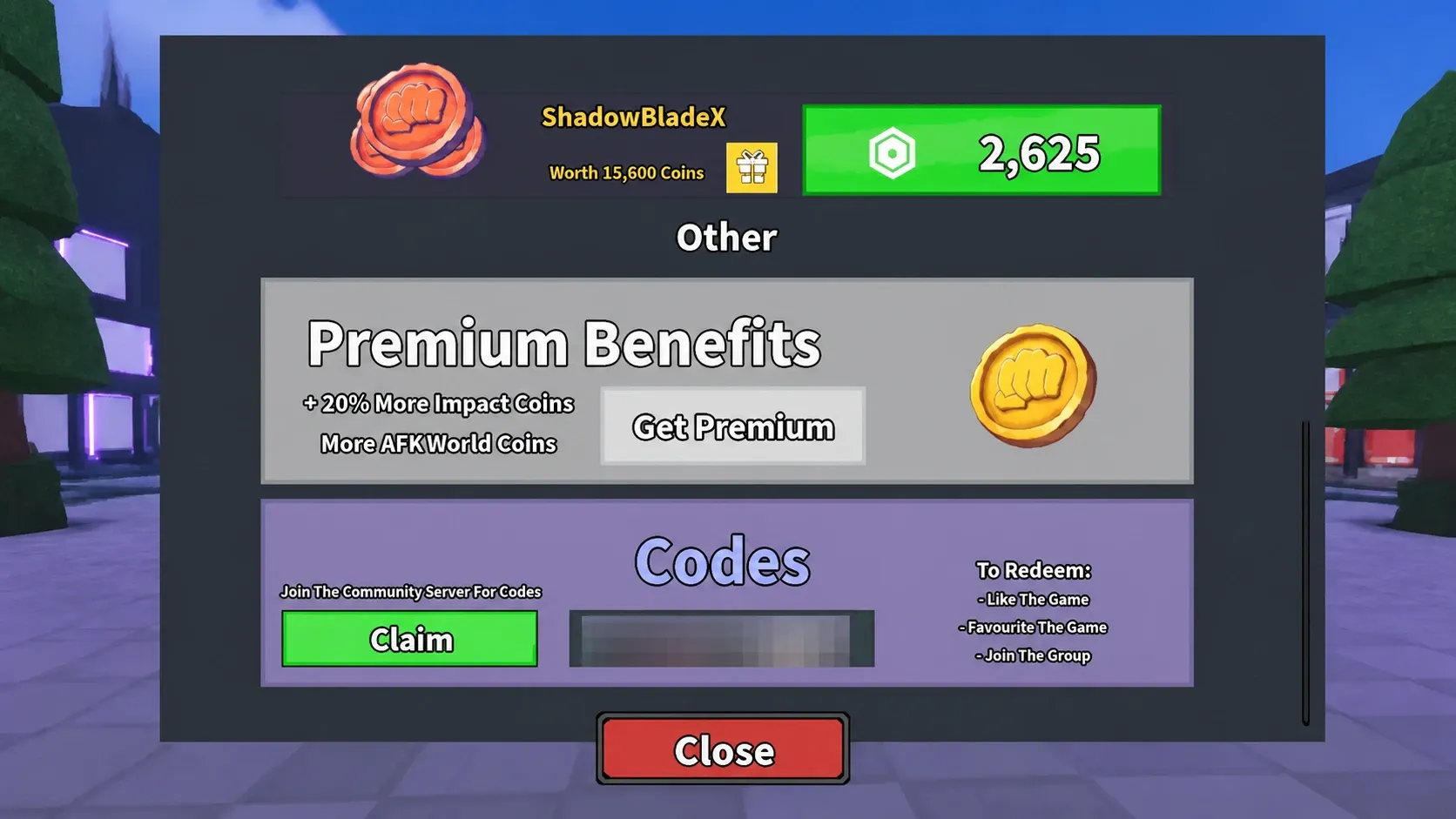 Impact Arena codes: An image of the Impact Arena code redemption box in Roblox