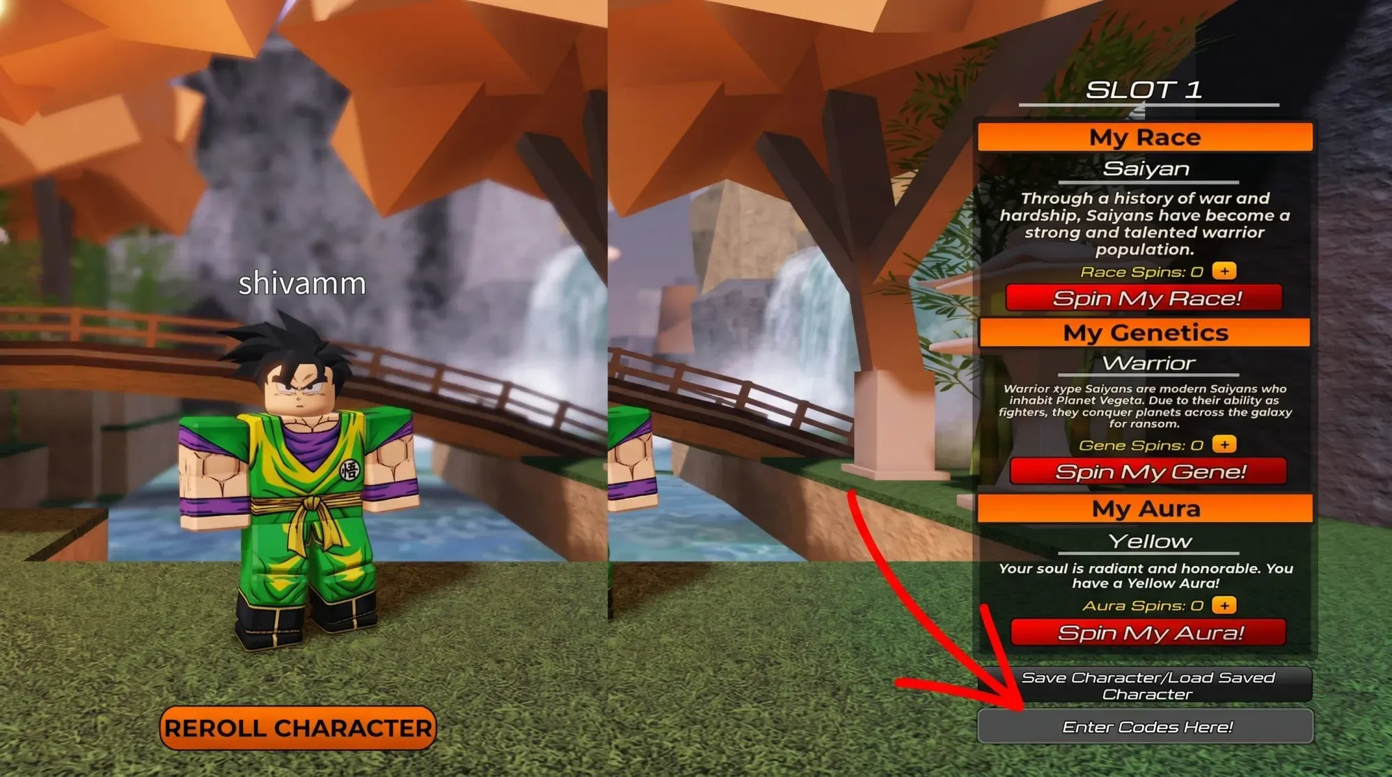 Roblox Budokai Z code system. Arrow pointing to the character reroll menu and codes textbox