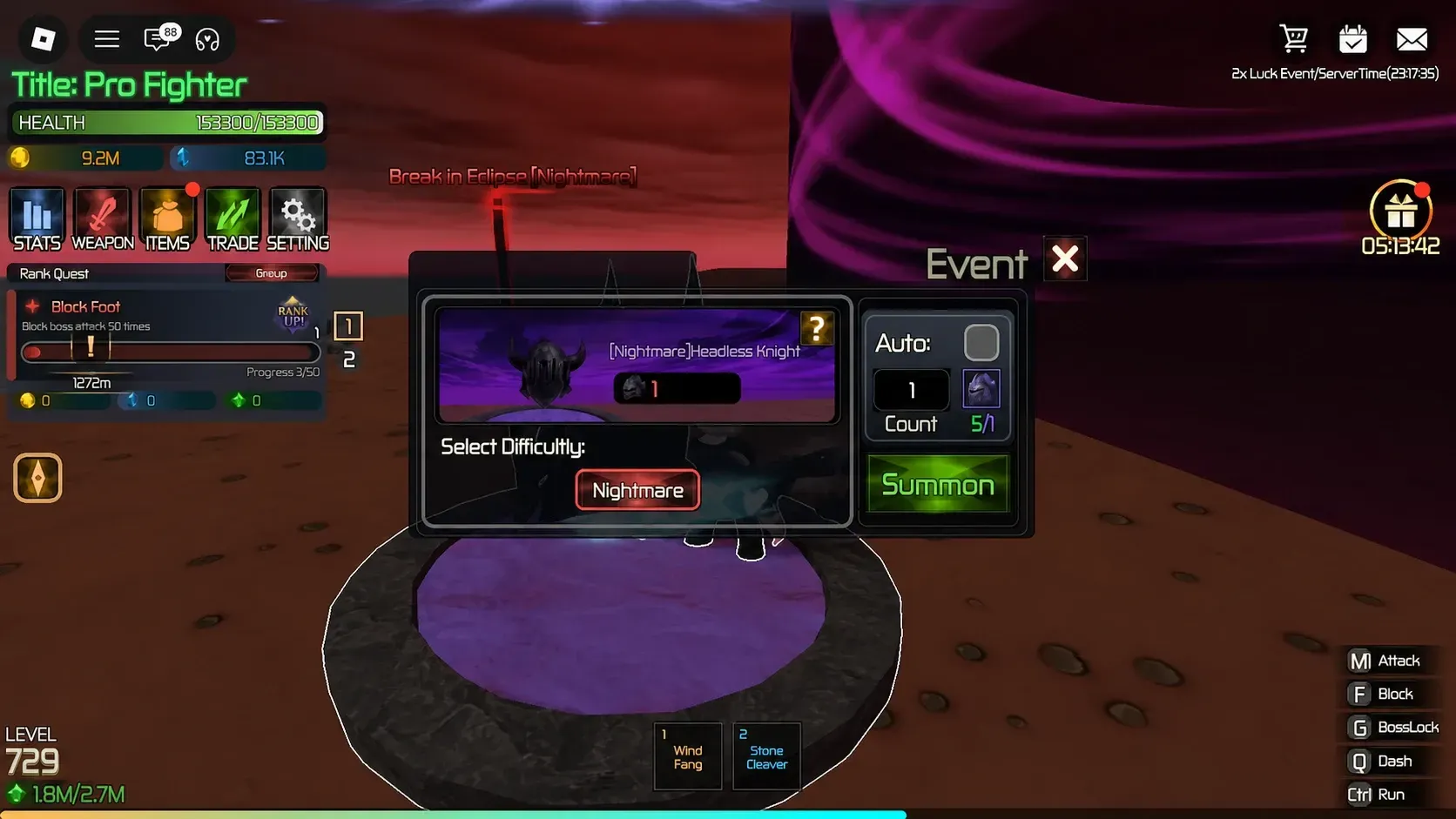 image showing the Headless Knight Boss summon menu