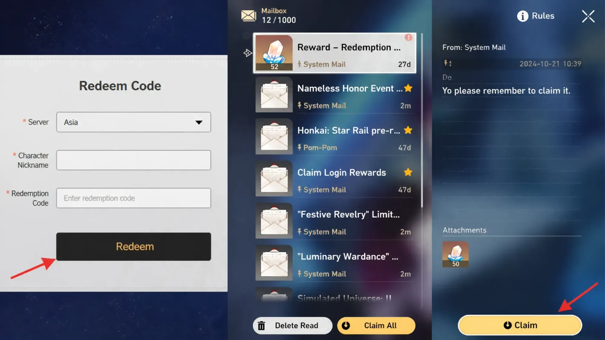 redeem HSR codes website method