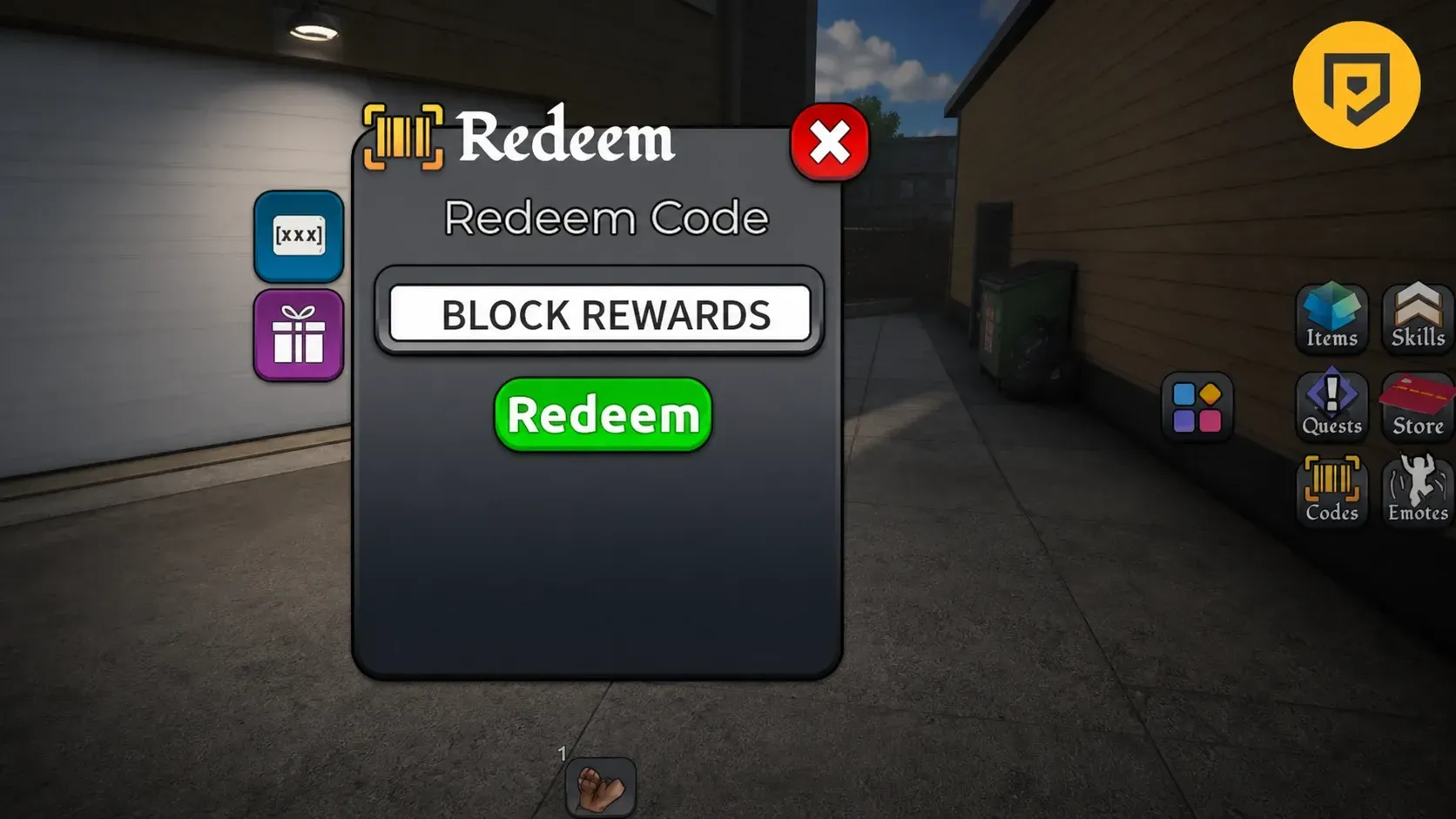 BlockSpin codes redemption screen next to a white garage door