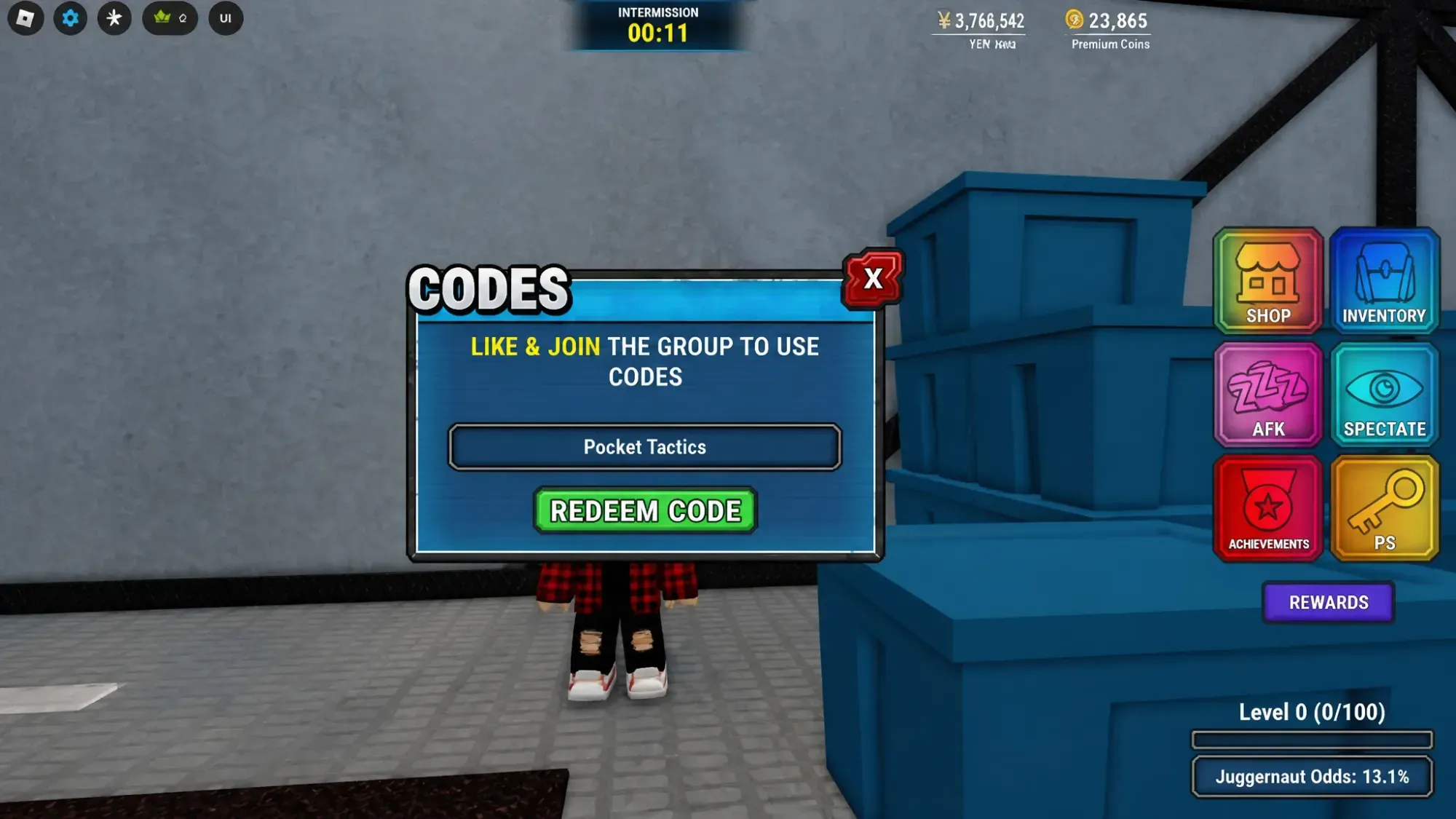Invincible Showdown codes: a code redemption screen in front of a wall and some boxes