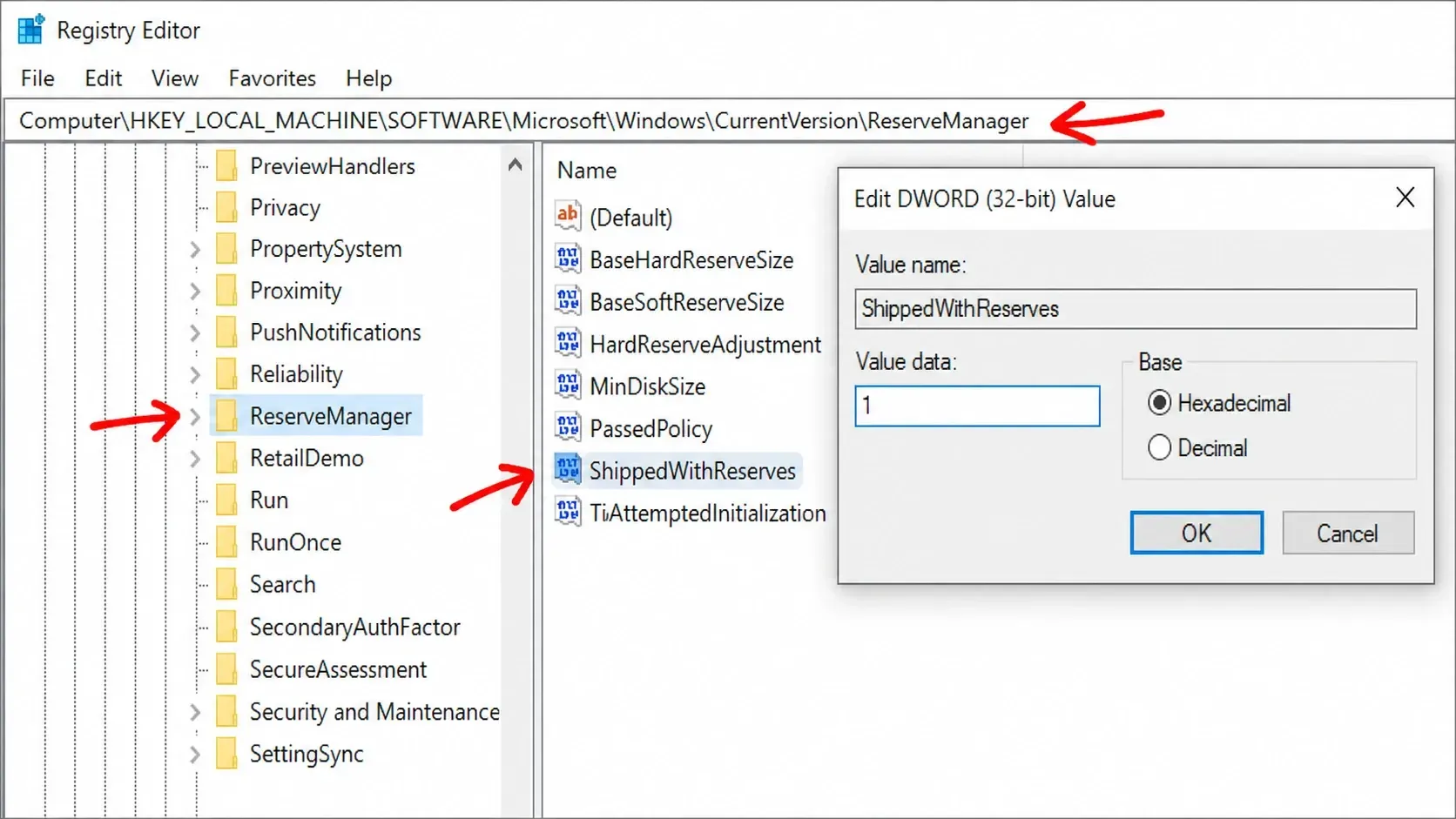 Registry Settings for Reserved Storage Settings in Windows 10