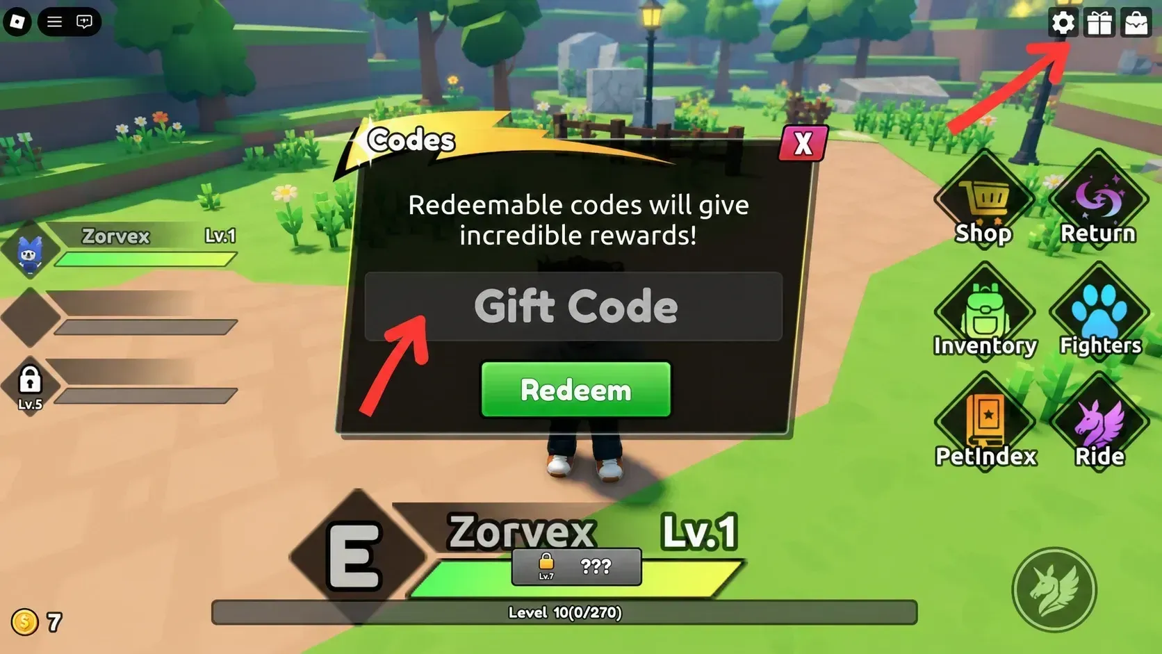 Gift Code redemption panel in Catch a Monster