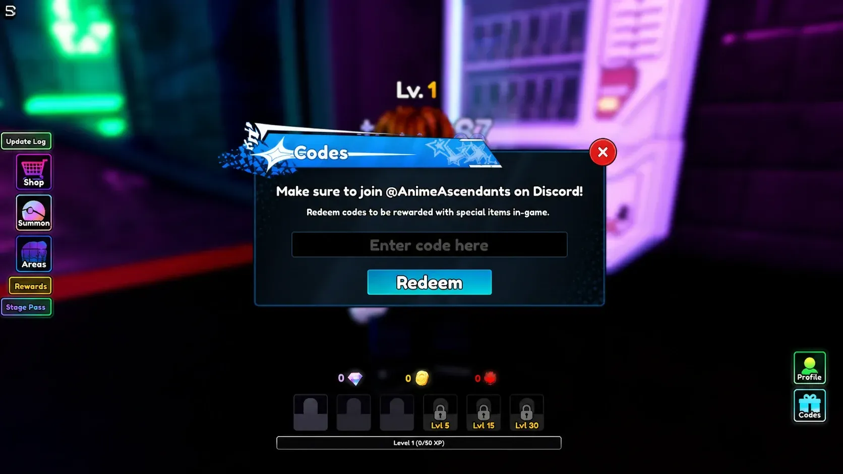 Anime Ascendants codes redemption screen in front of a blurred vending machine