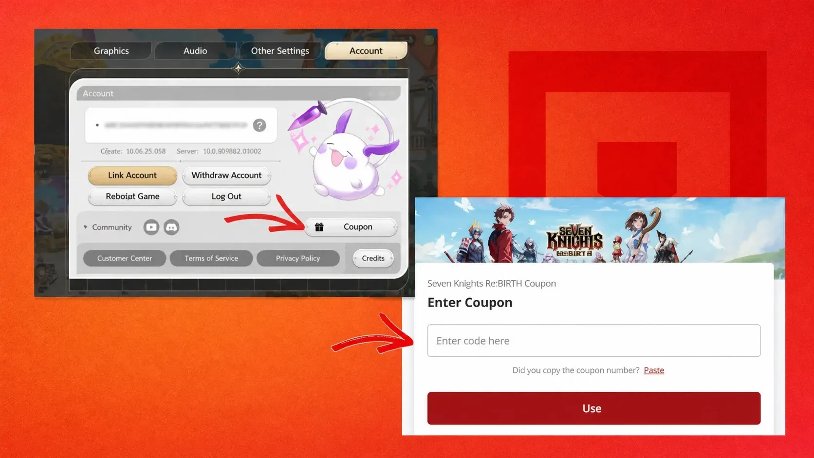 Seven Knights Re:Birth code redemption screens showing the Settings menu and Coupon entry field