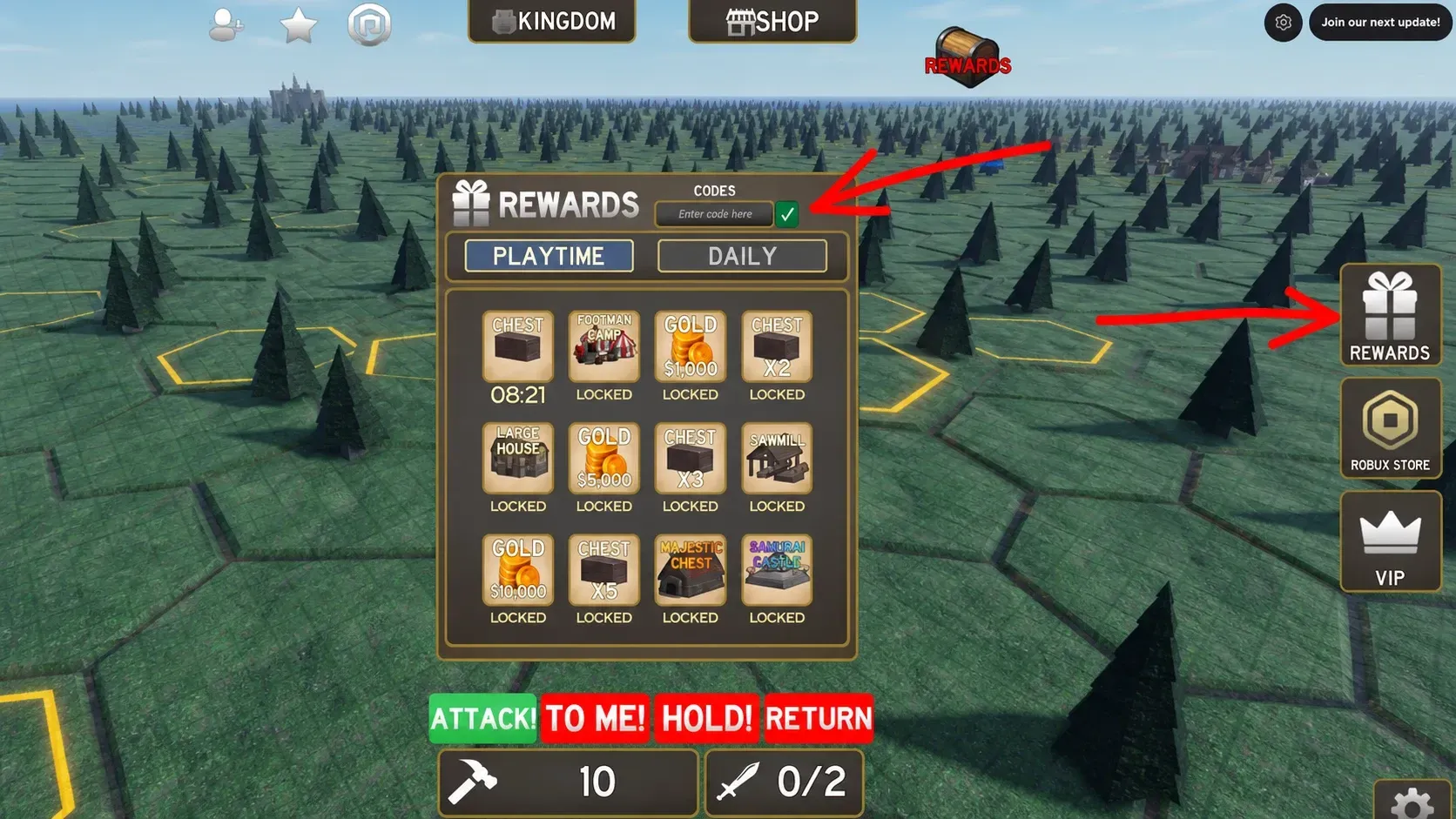 Build a Kingdom Codes redemption screenshot showing the rewards pop-up menu and codes text field