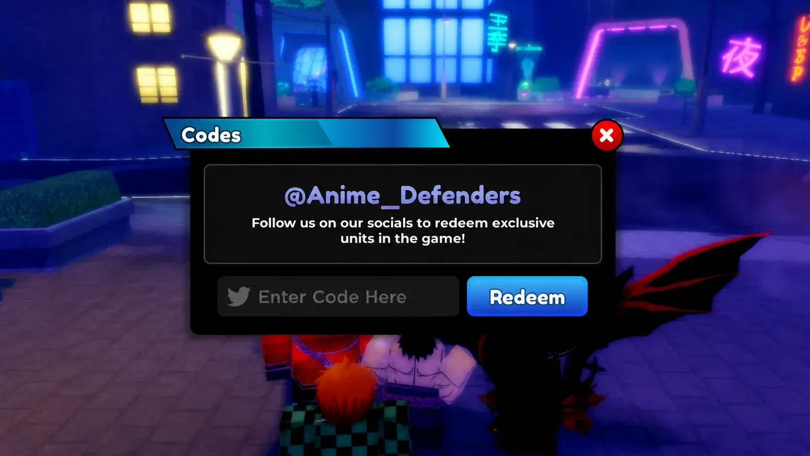 The Anime Defenders code redemption screen