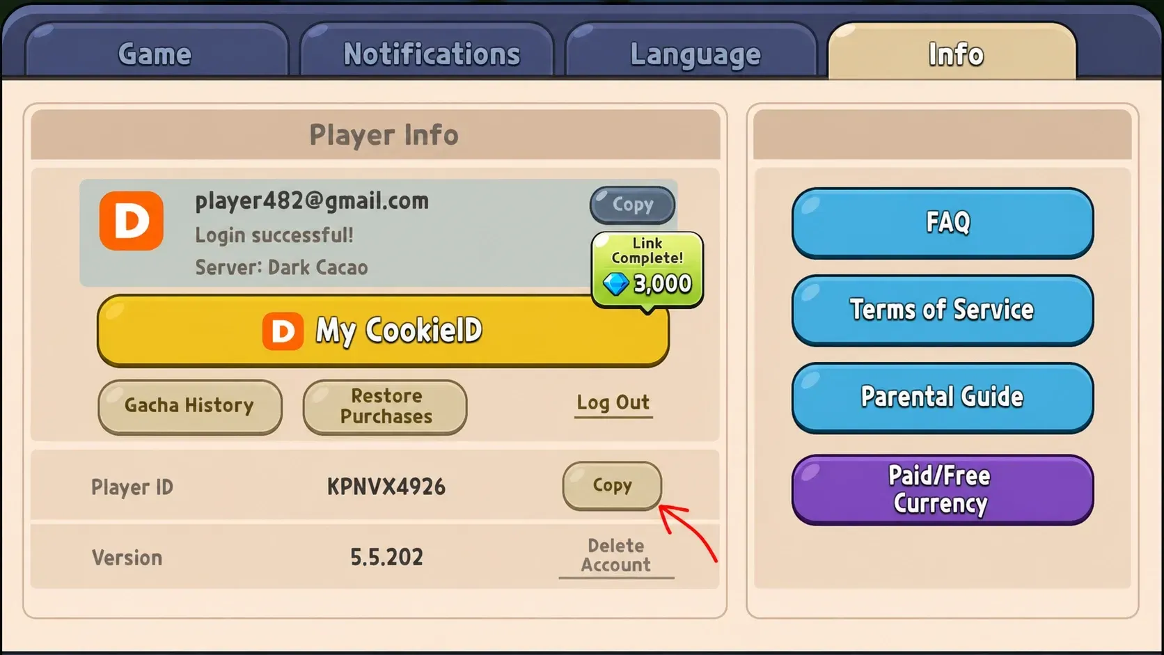 Copy Player ID for codes redemption in Cookie Run Kingdom