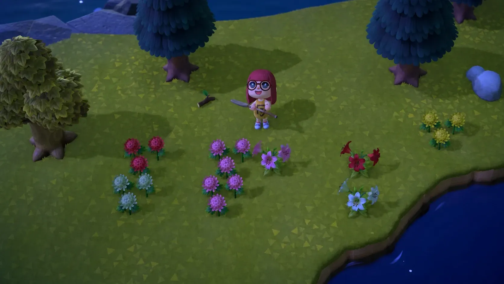 ACNH flower breeding - a character standing by some pink hybrid flowers