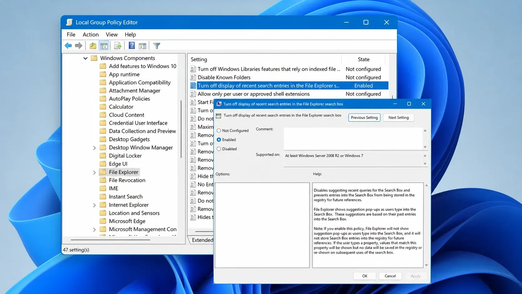 Recent searches no longer stored in Start menu search