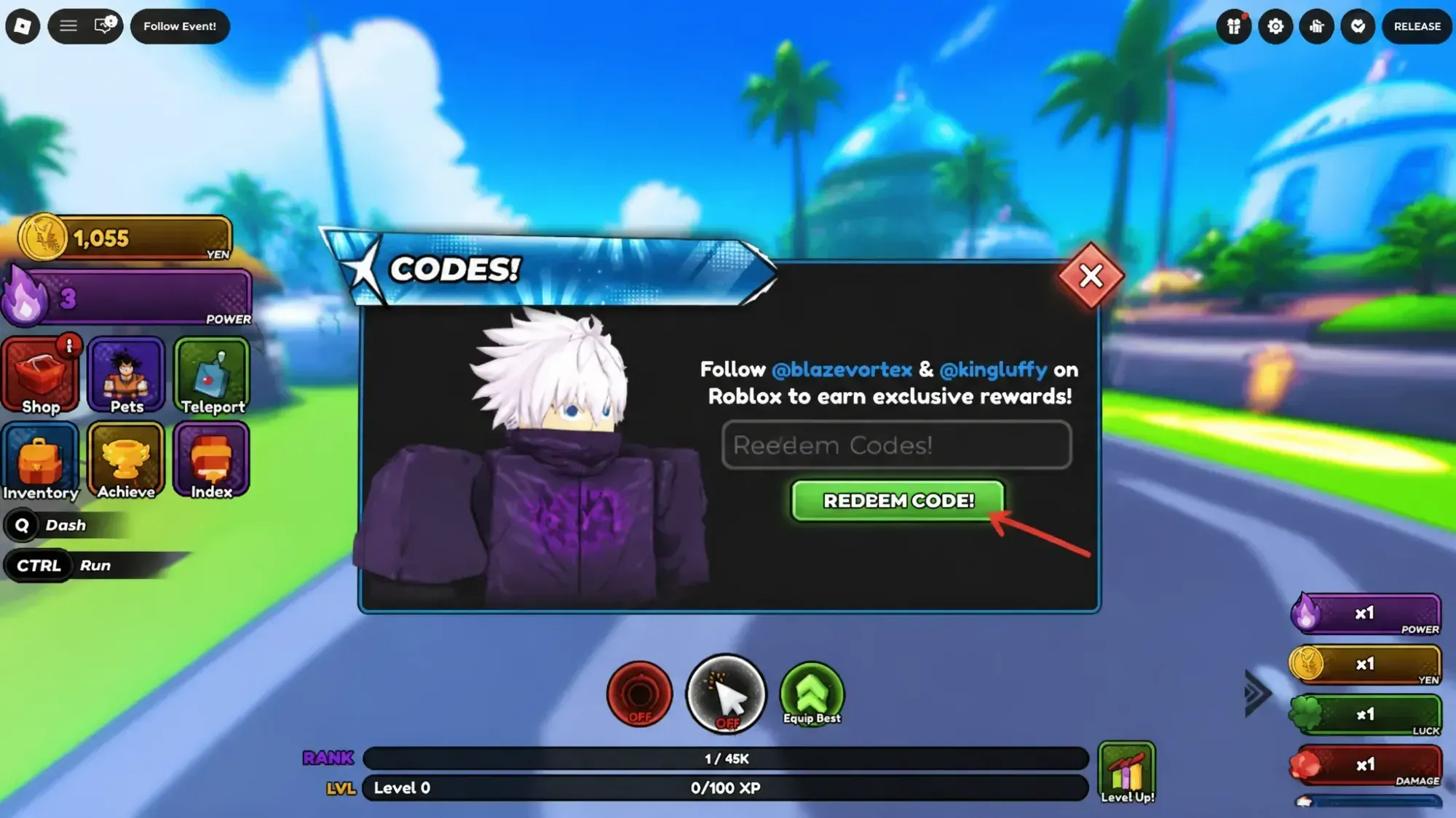Anime Astral Simulator code redemption menu