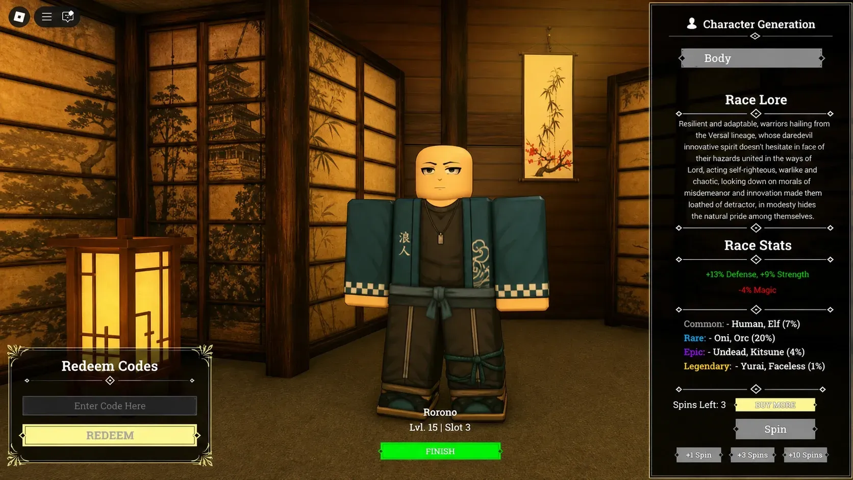Echoes of Heian codes: A screenshot of the character menu featuring a bald character in the centre. The codes box in the bottom left says Pocket Tactics and there's a PT logo in the top right corner