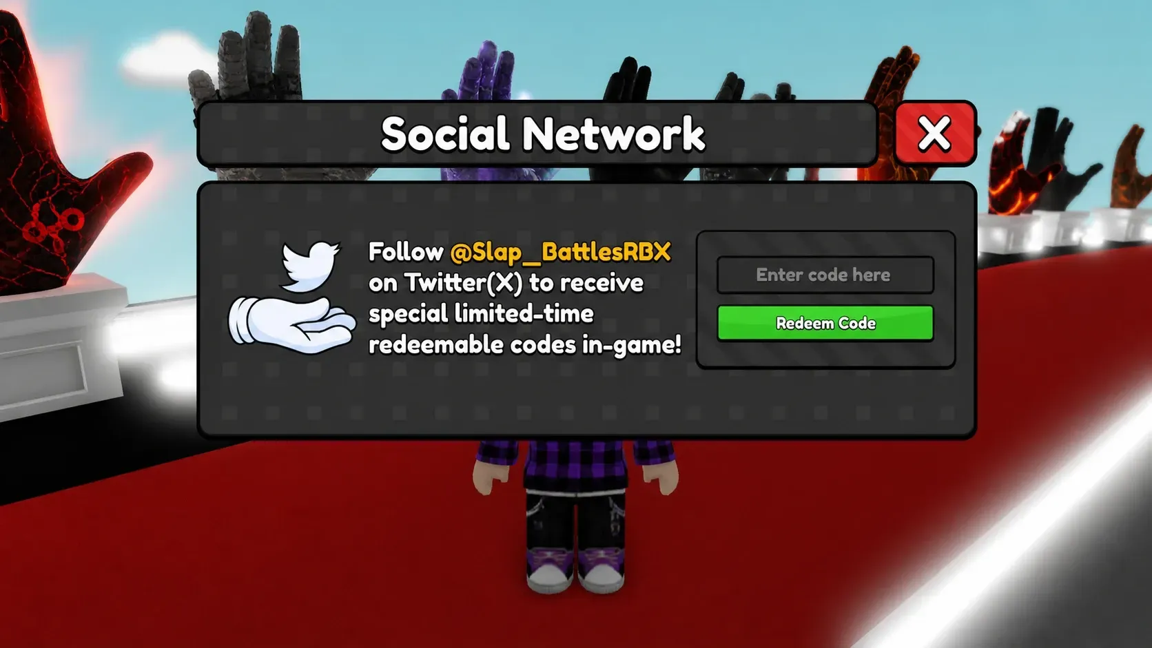 Slap Battles codes redemption screen showing the text box in front of an avatar and different gloves
