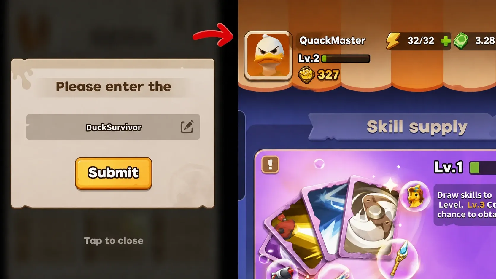 Duck Survival codes: An image of the code redemption box in Duck Survival