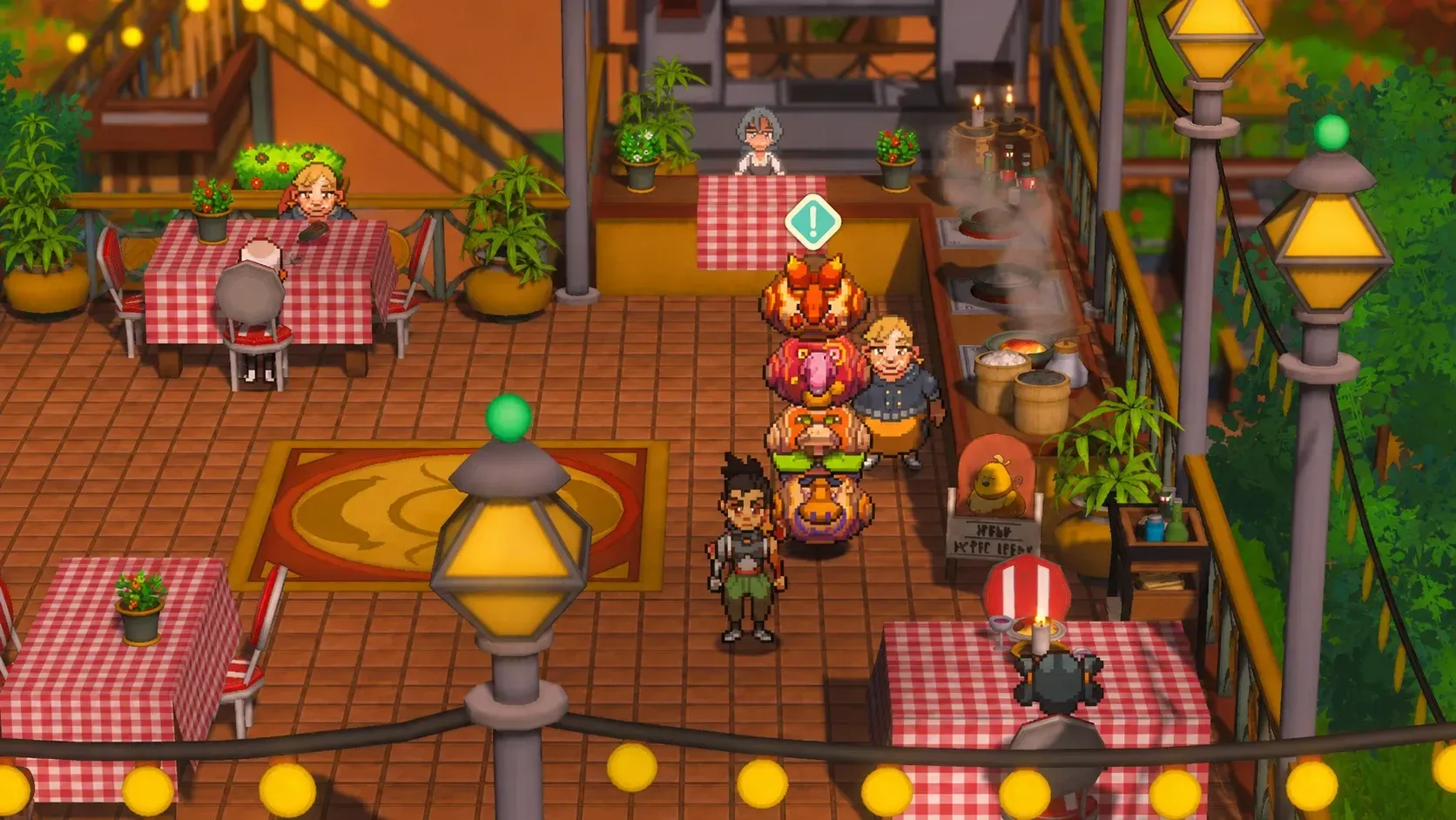 4 Veveso stack on top of each other while a quest symbol appears over their heads