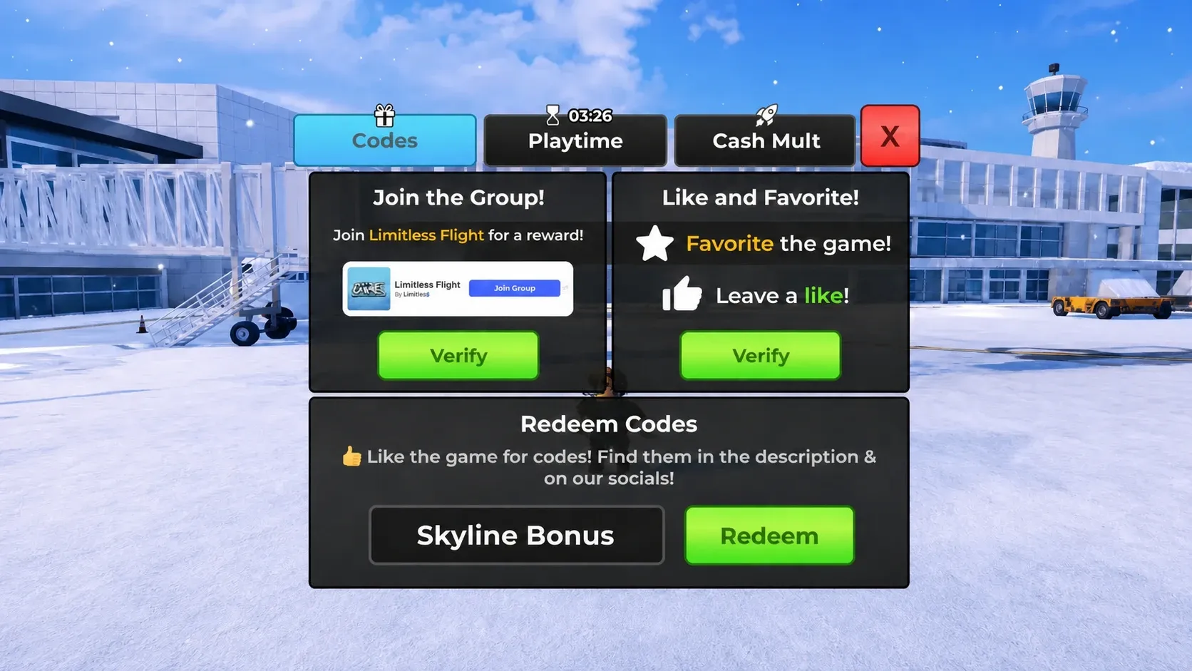 Flight World codes: screenshot of the code redeem box